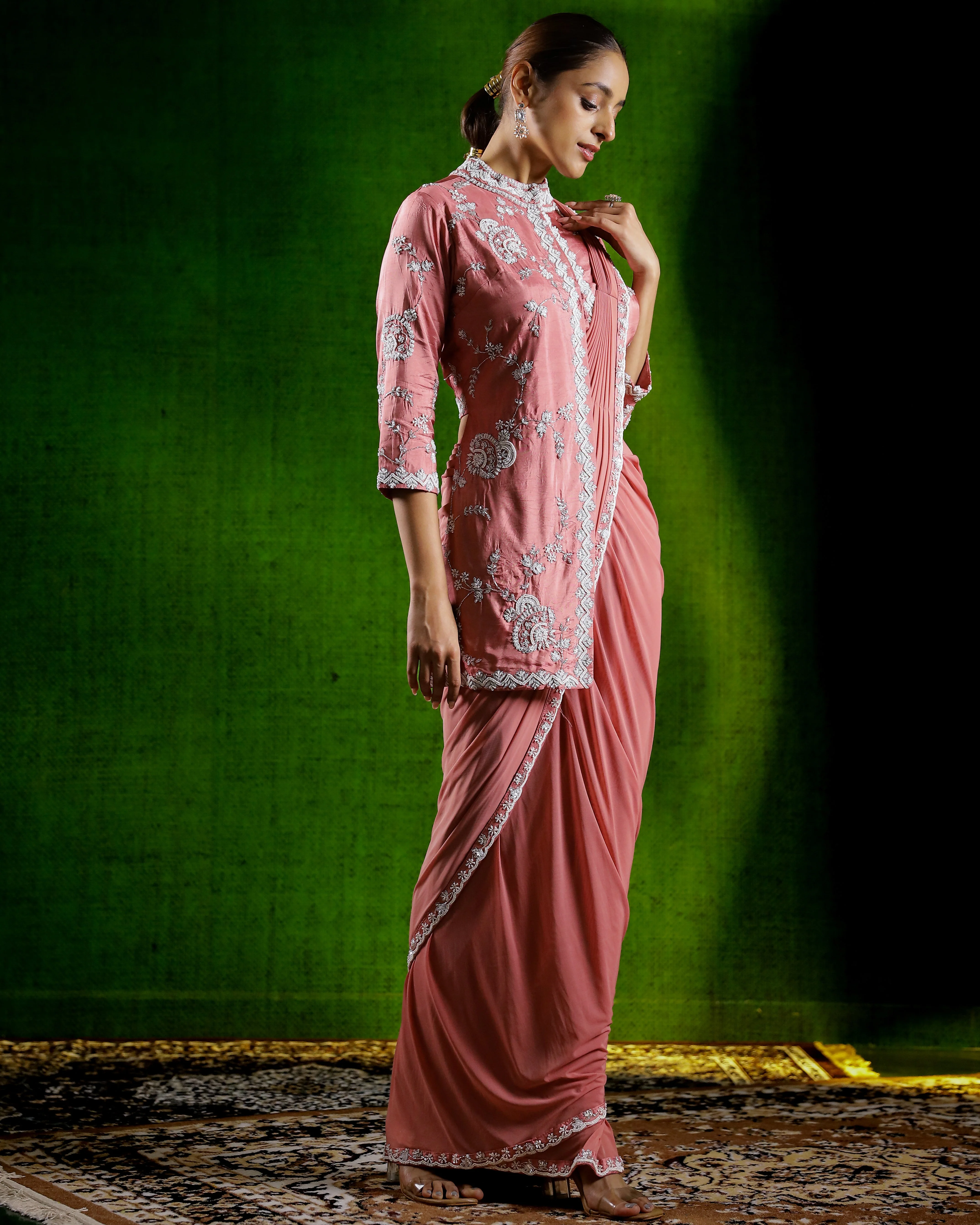 Peach Pink Embroidered Premium Net Draped Saree - Image 3