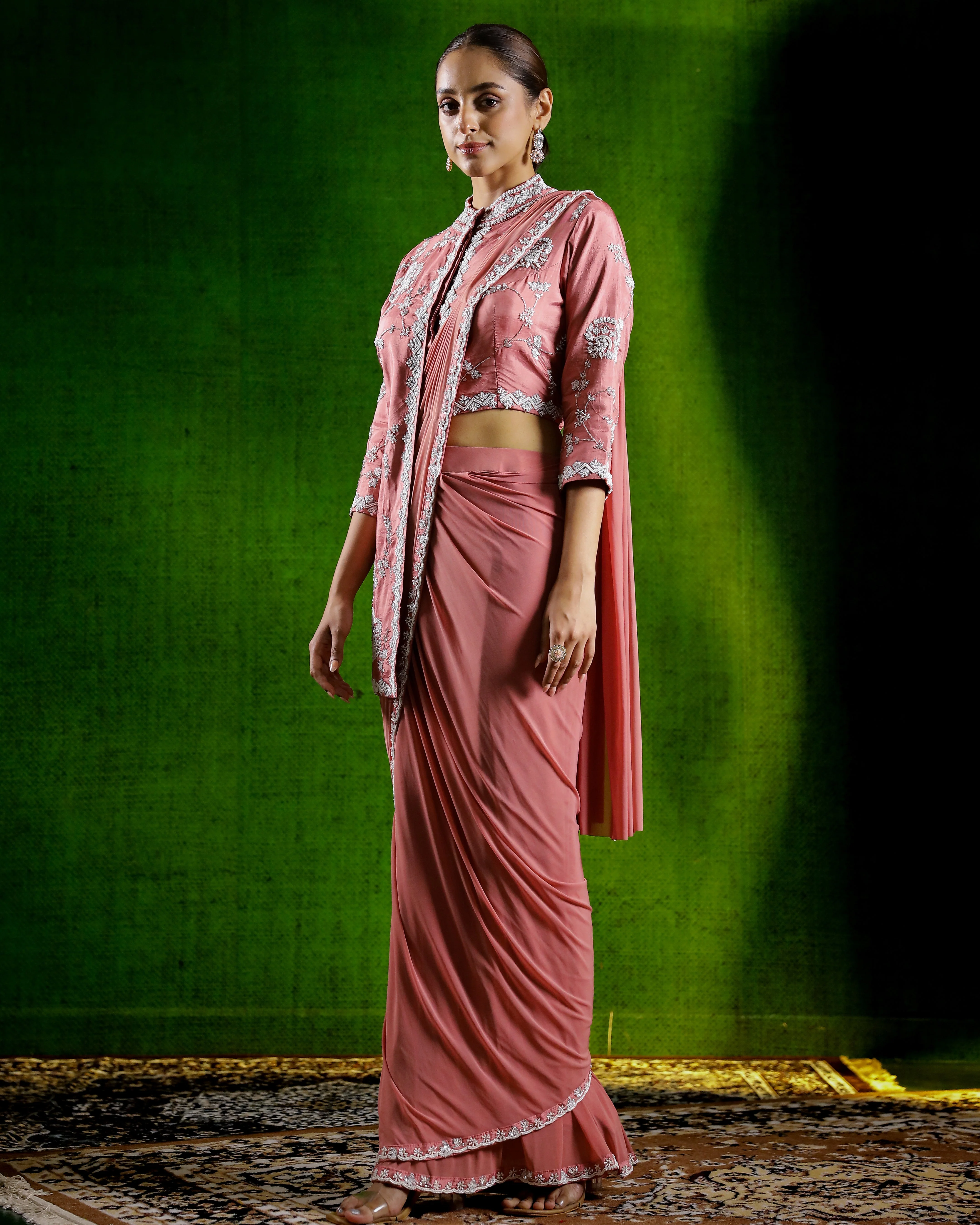 Peach Pink Embroidered Premium Net Draped Saree - Image 4