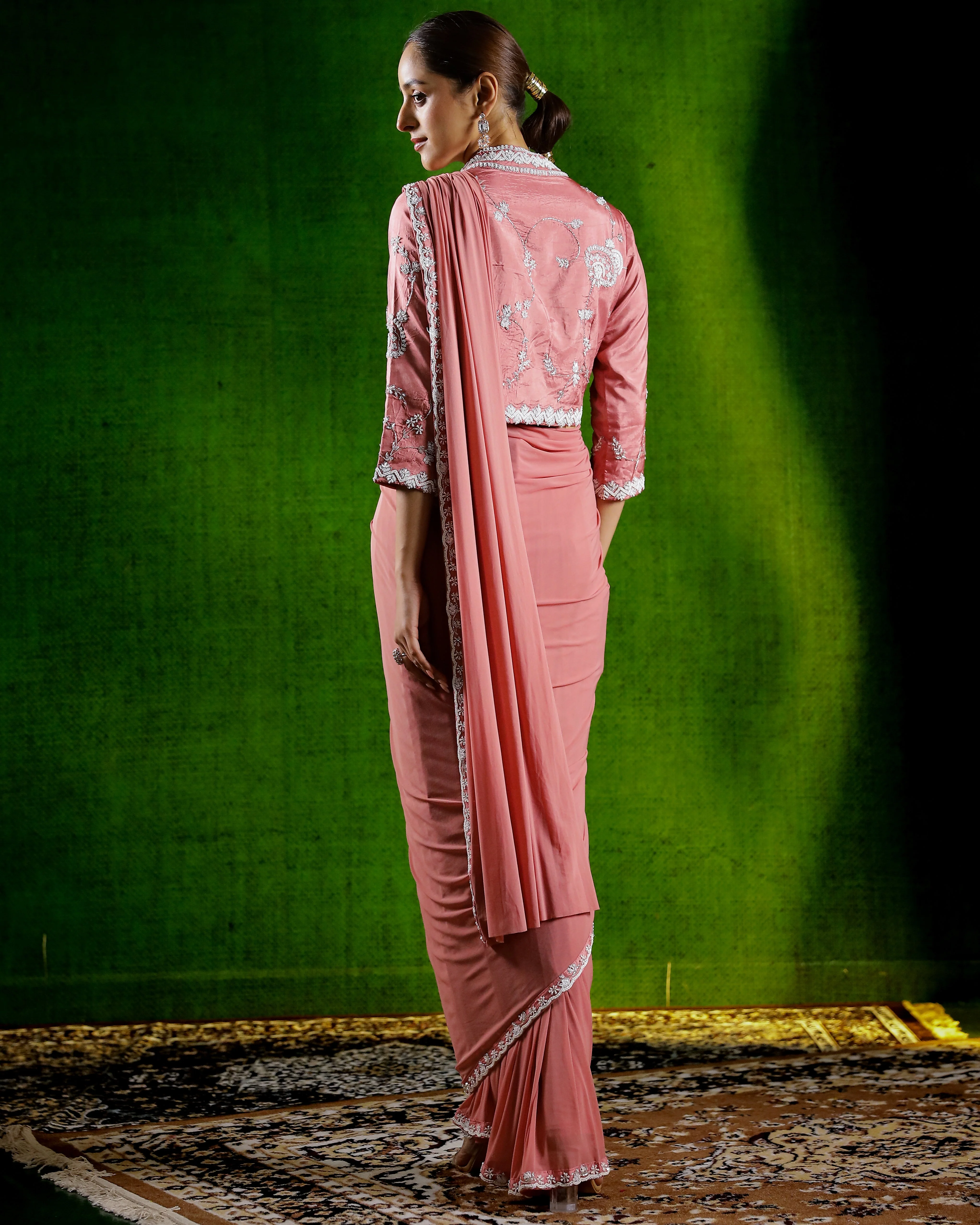 Peach Pink Embroidered Premium Net Draped Saree - Image 5