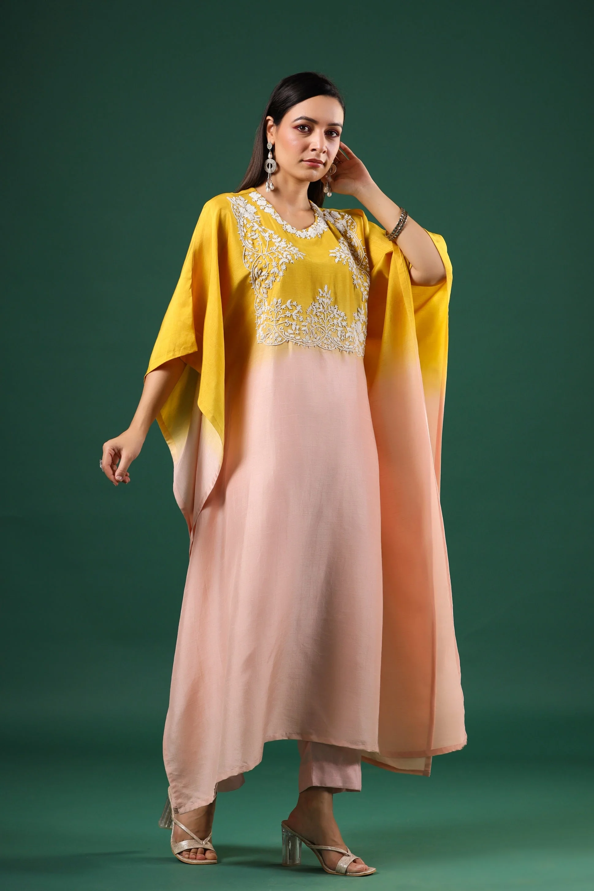 Peach Yellow Ombre Dyed Kaftan Set - Image 3