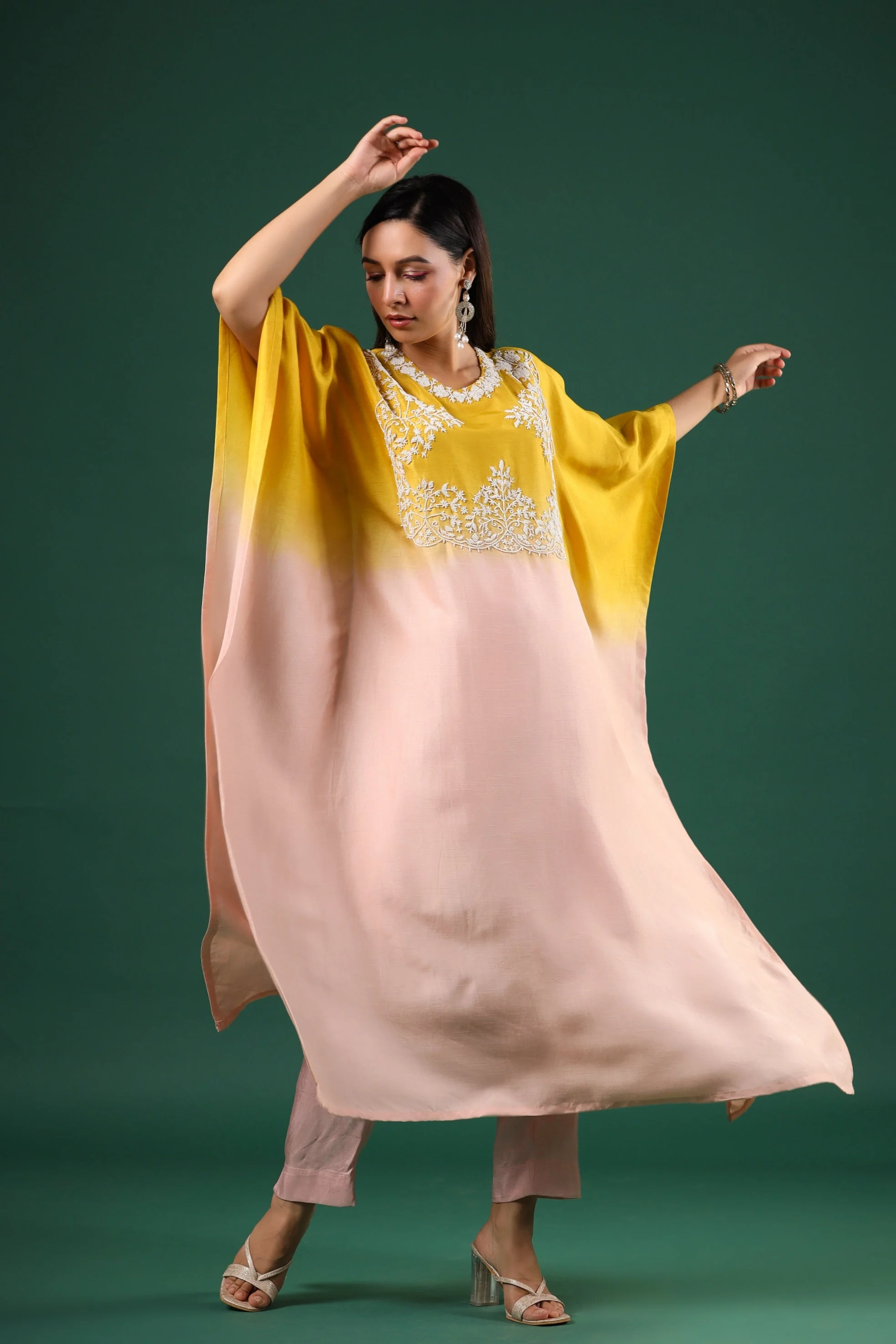 Peach Yellow Ombre Dyed Kaftan Set - Image 6
