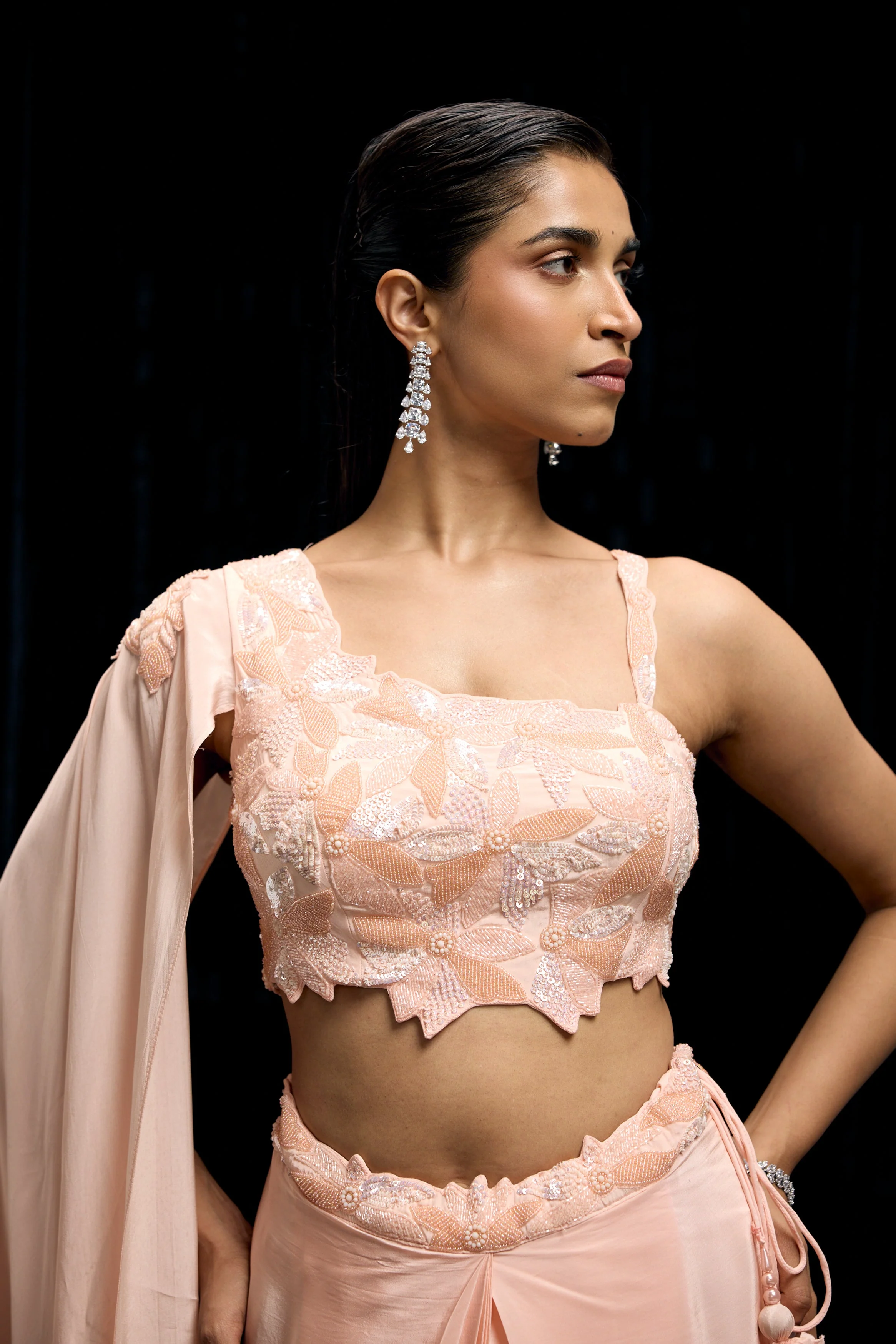 Peachy Pink Embellished Satin Silk Drape Skirt Set - Image 2
