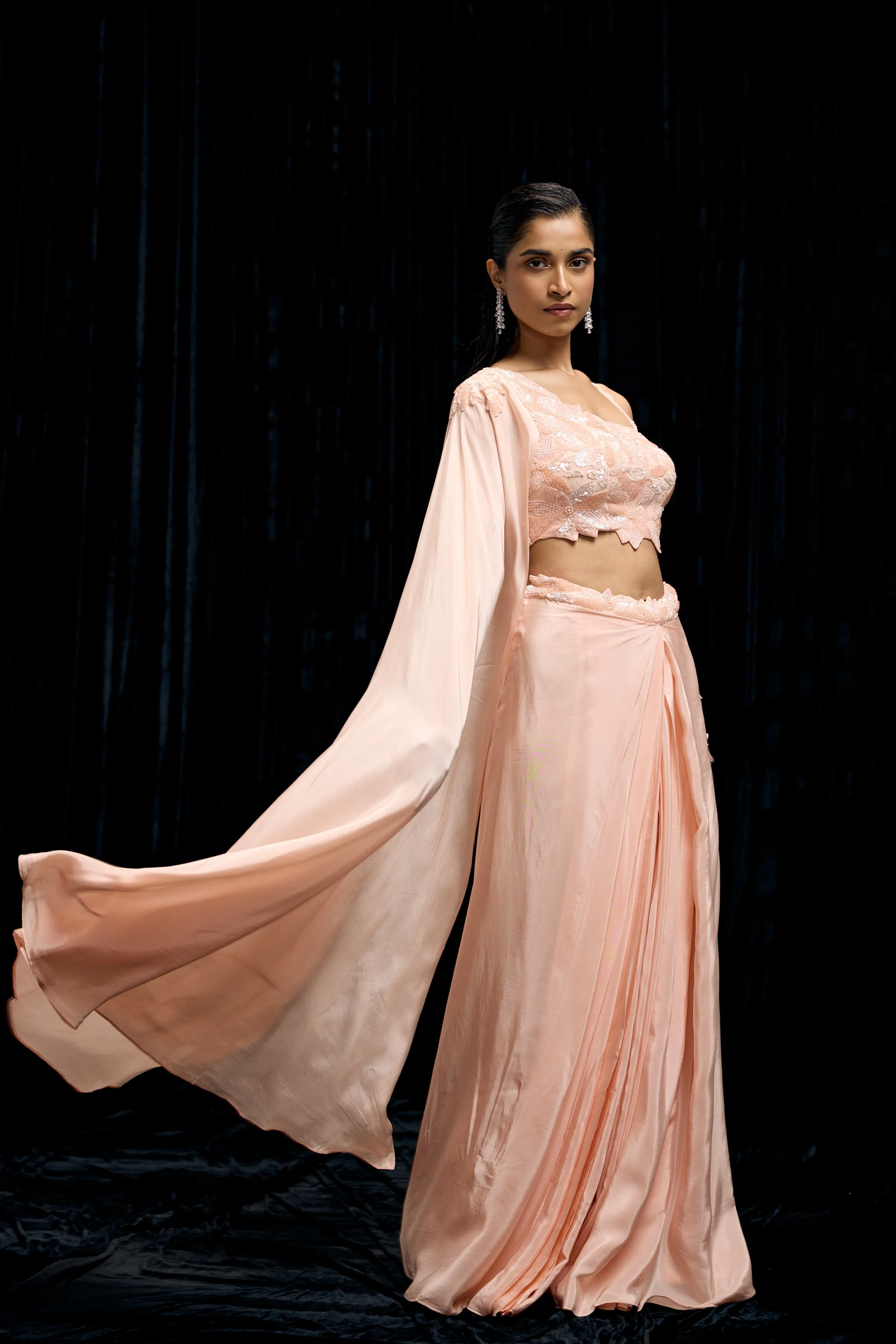 Peachy Pink Embellished Satin Silk Drape Skirt Set - Image 4