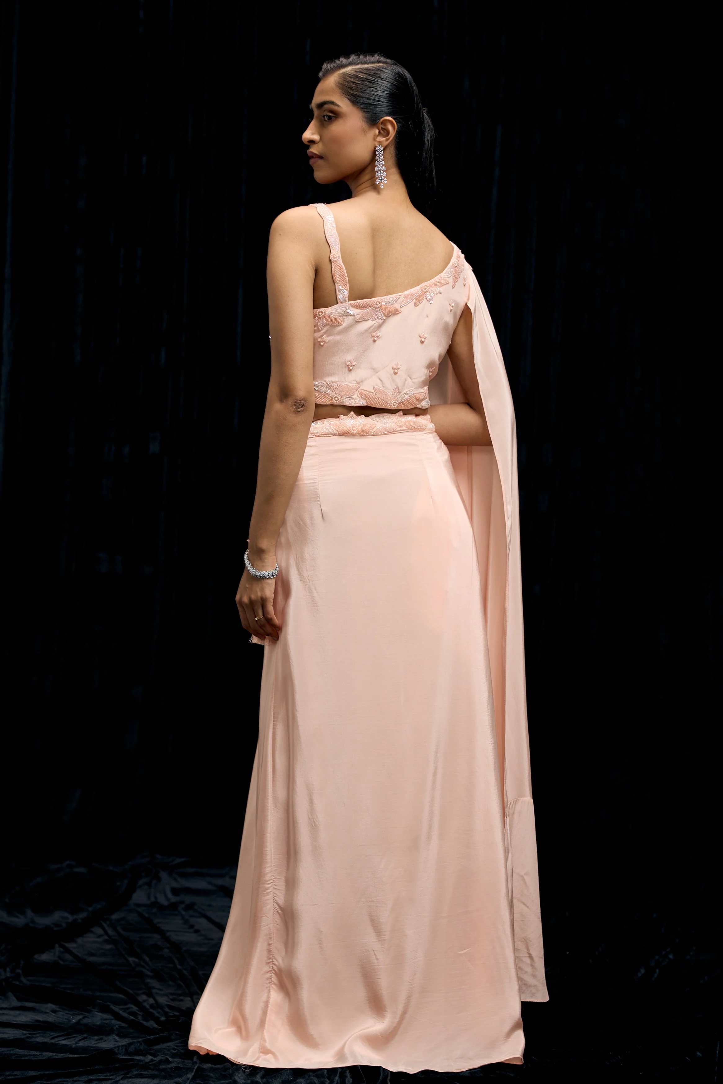 Peachy Pink Embellished Satin Silk Drape Skirt Set - Image 6