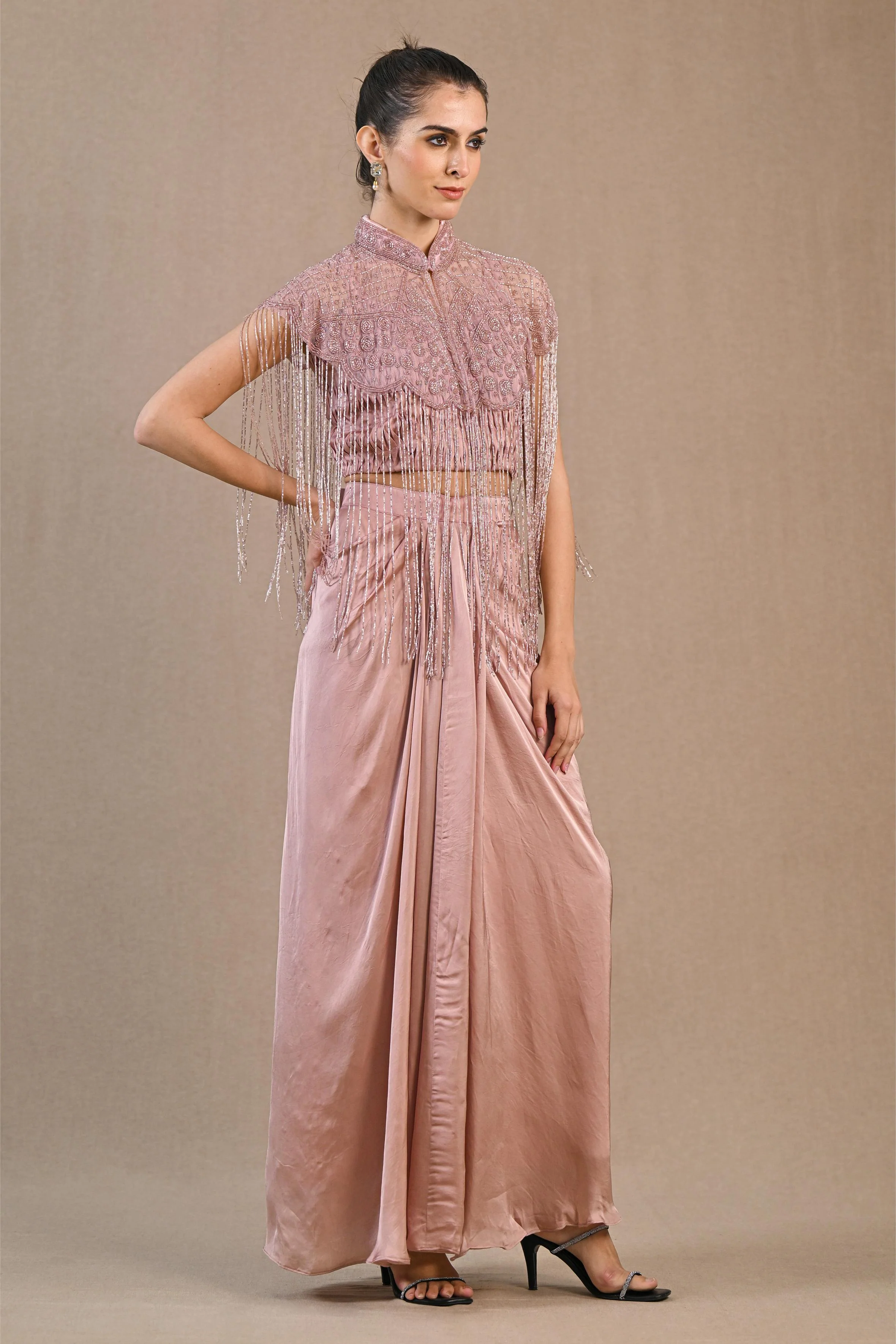 Rose Gold Embellished Satin Silk Skirt Set - Image 3