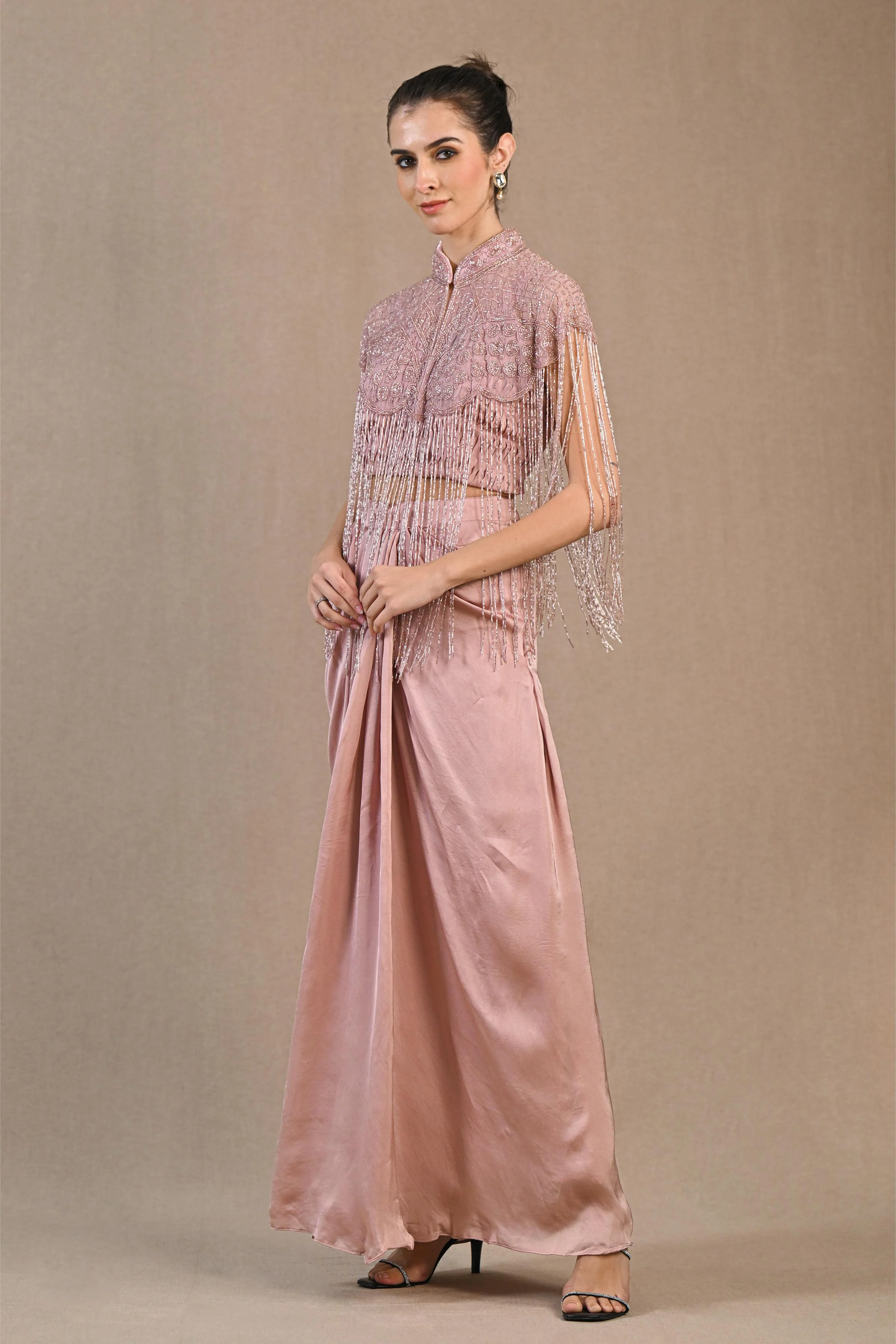 Rose Gold Embellished Satin Silk Skirt Set - Image 4