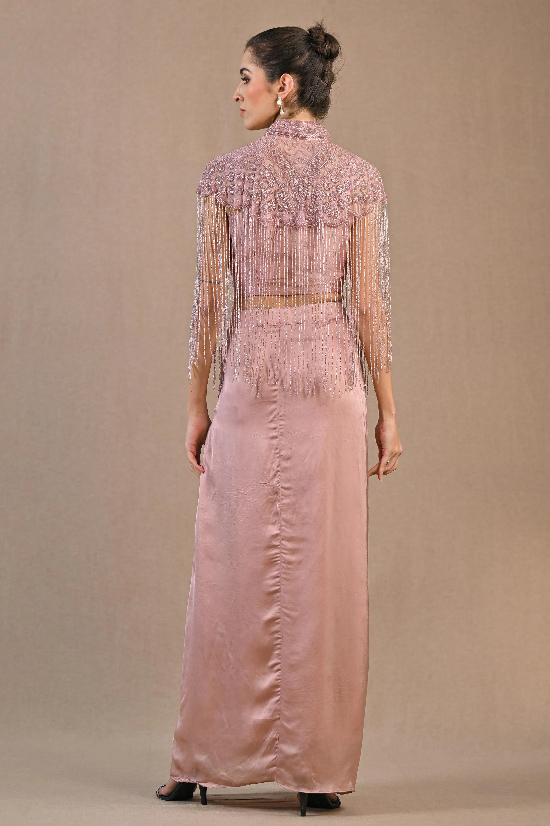 Rose Gold Embellished Satin Silk Skirt Set - Image 5