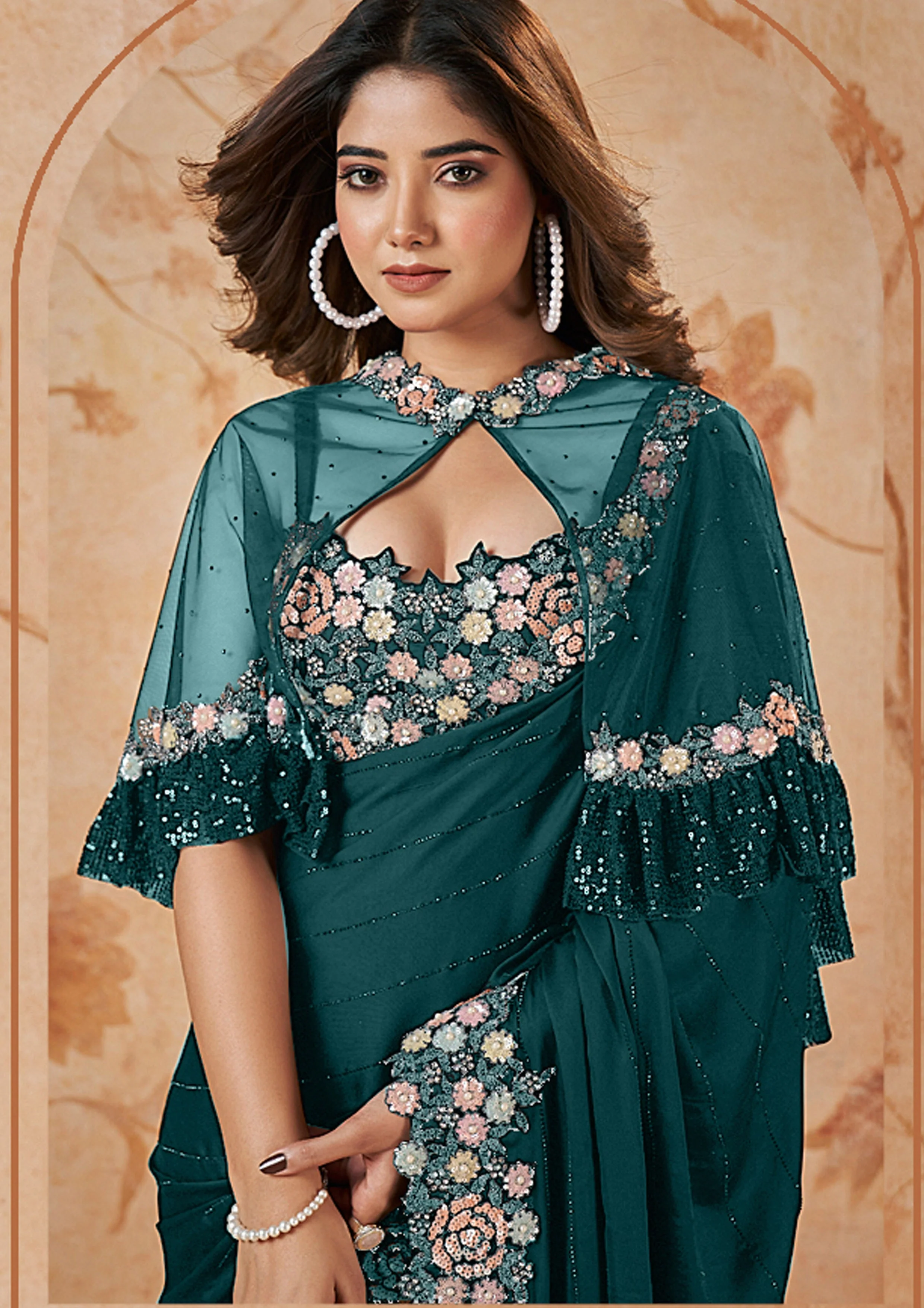 Peacock Blue Embellished Crepe Satin Silk Saree - Image 2