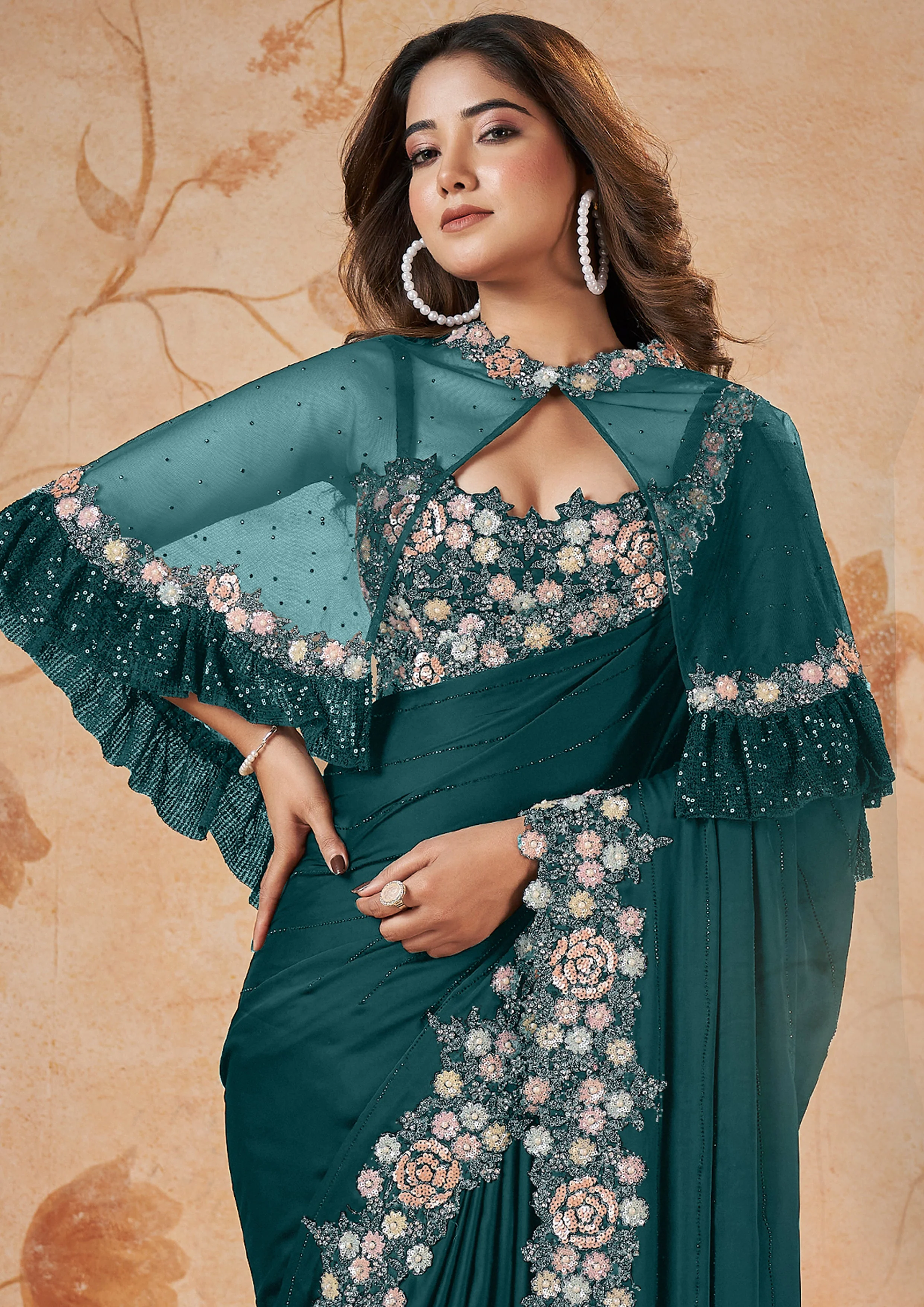 Peacock Blue Embellished Crepe Satin Silk Saree - Image 3
