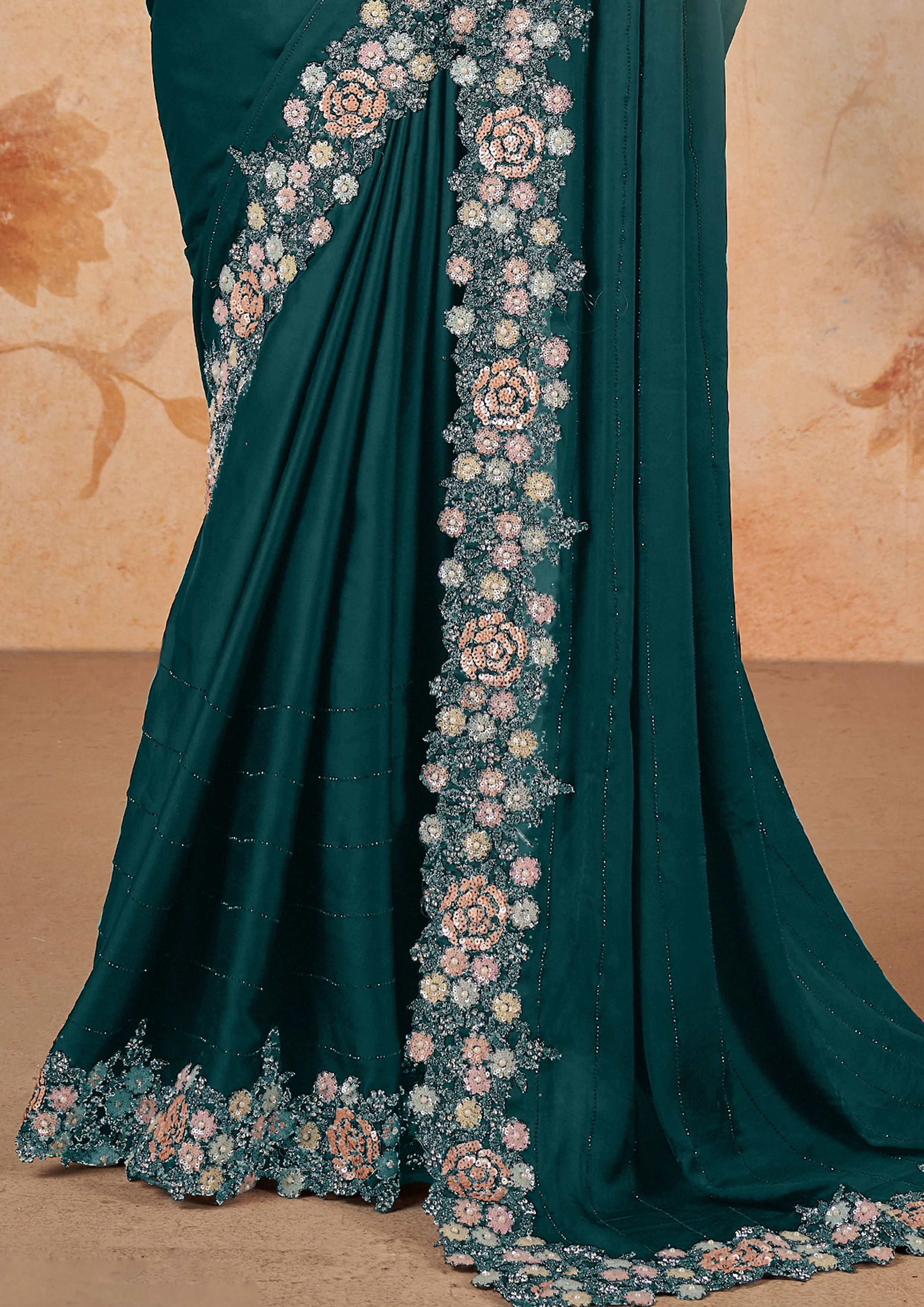 Peacock Blue Embellished Crepe Satin Silk Saree - Image 4