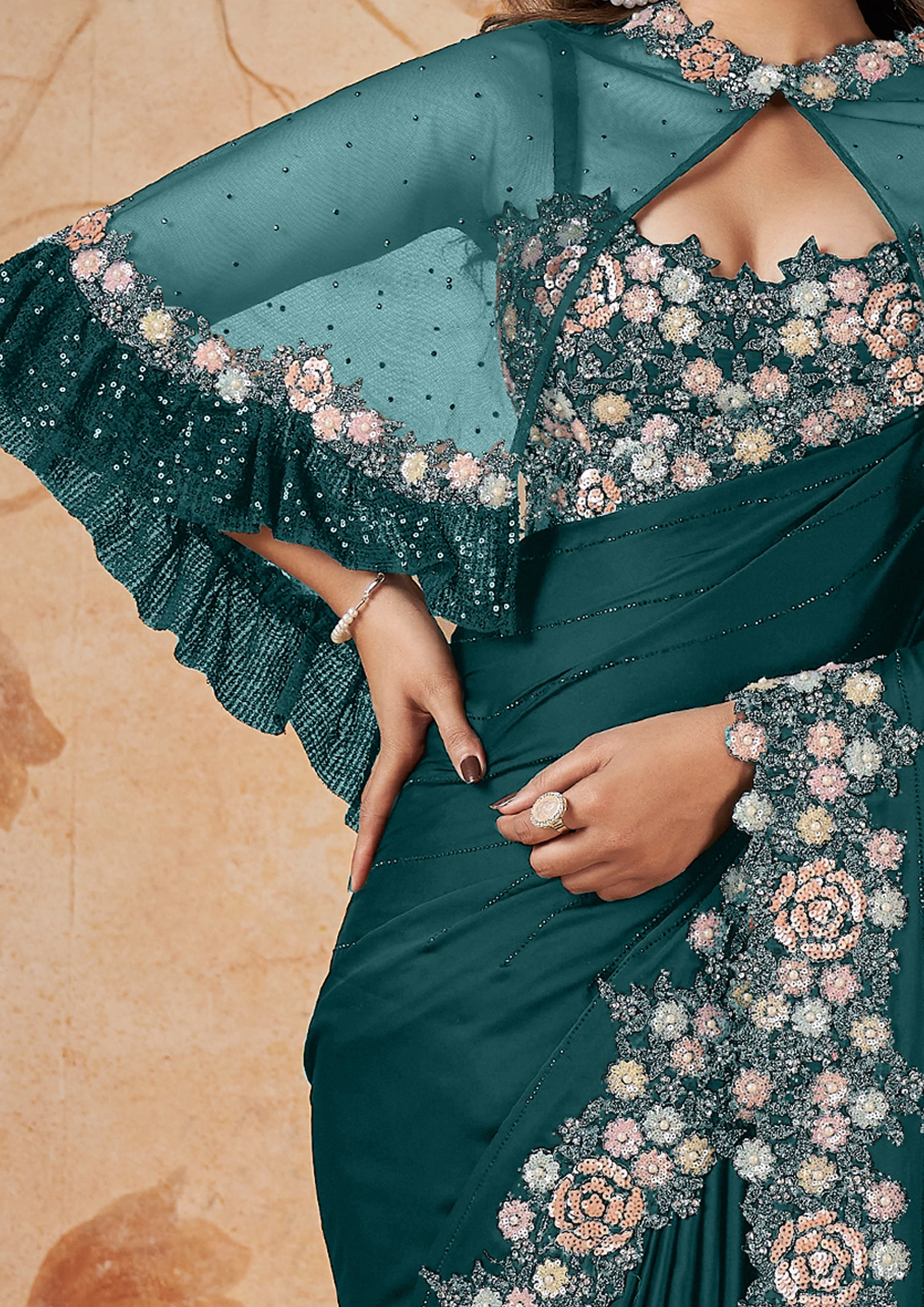 Peacock Blue Embellished Crepe Satin Silk Saree - Image 5