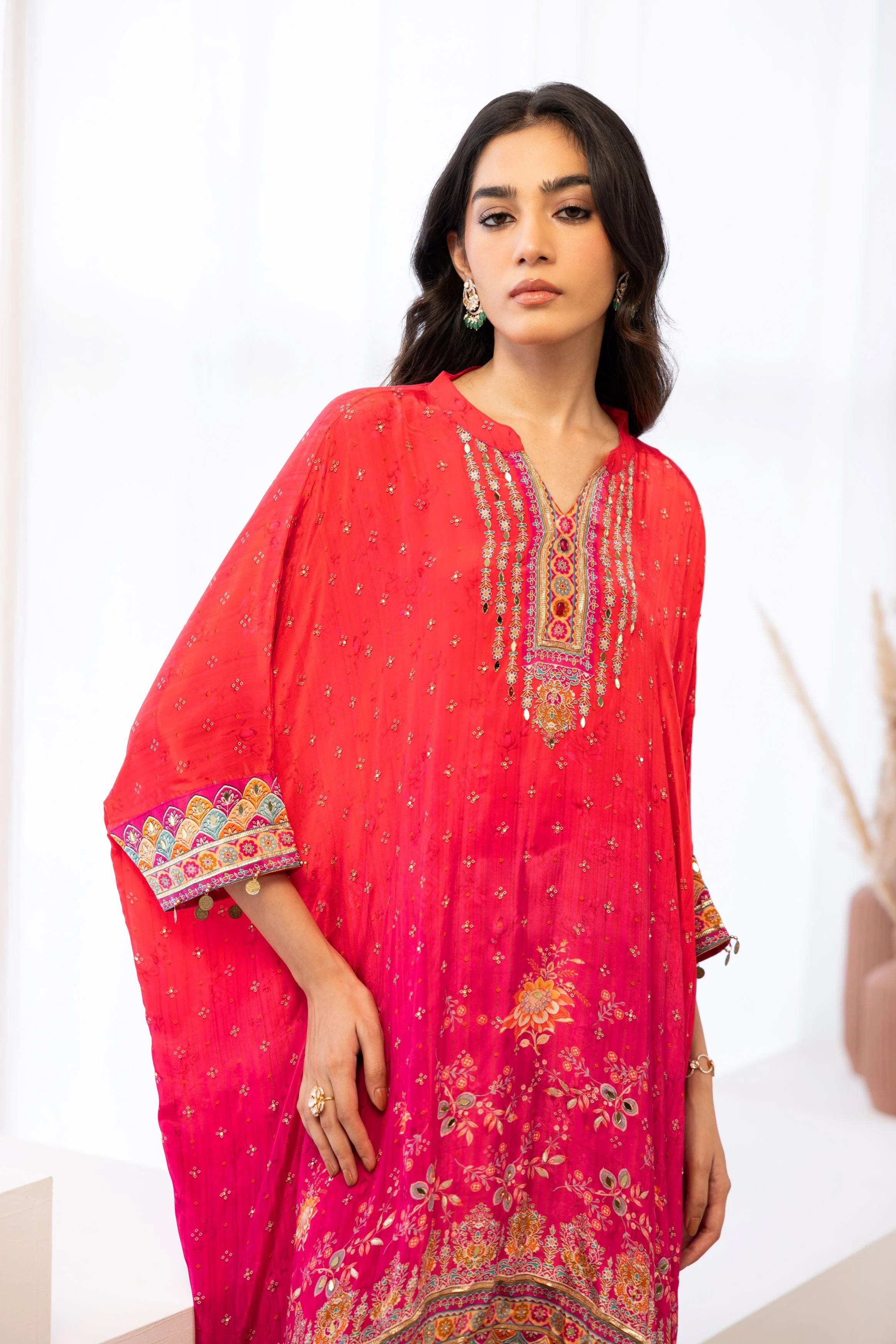 Rani Pink Embellished Crepe Silk Kaftan Set - Image 2