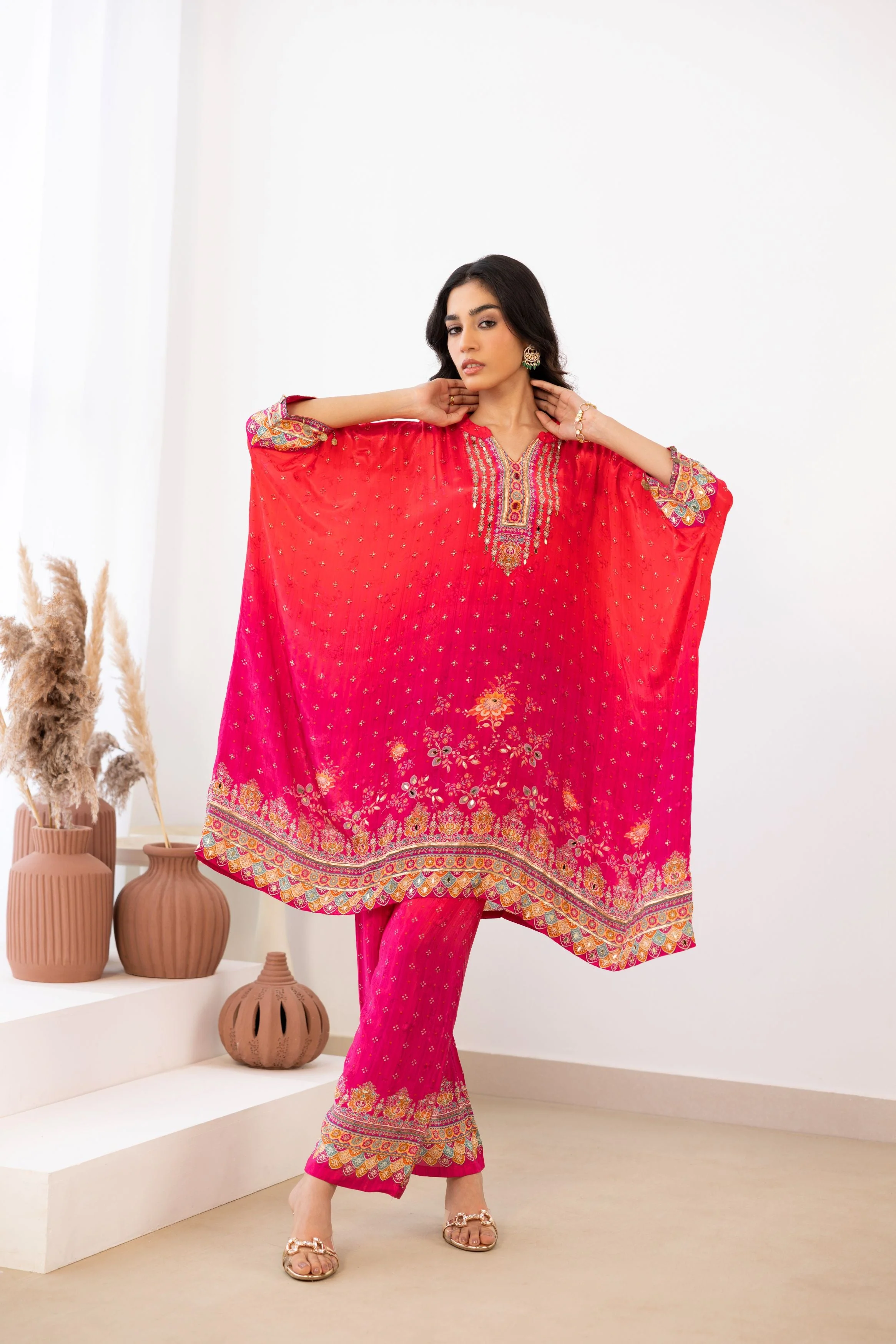 Rani Pink Embellished Crepe Silk Kaftan Set - Image 3
