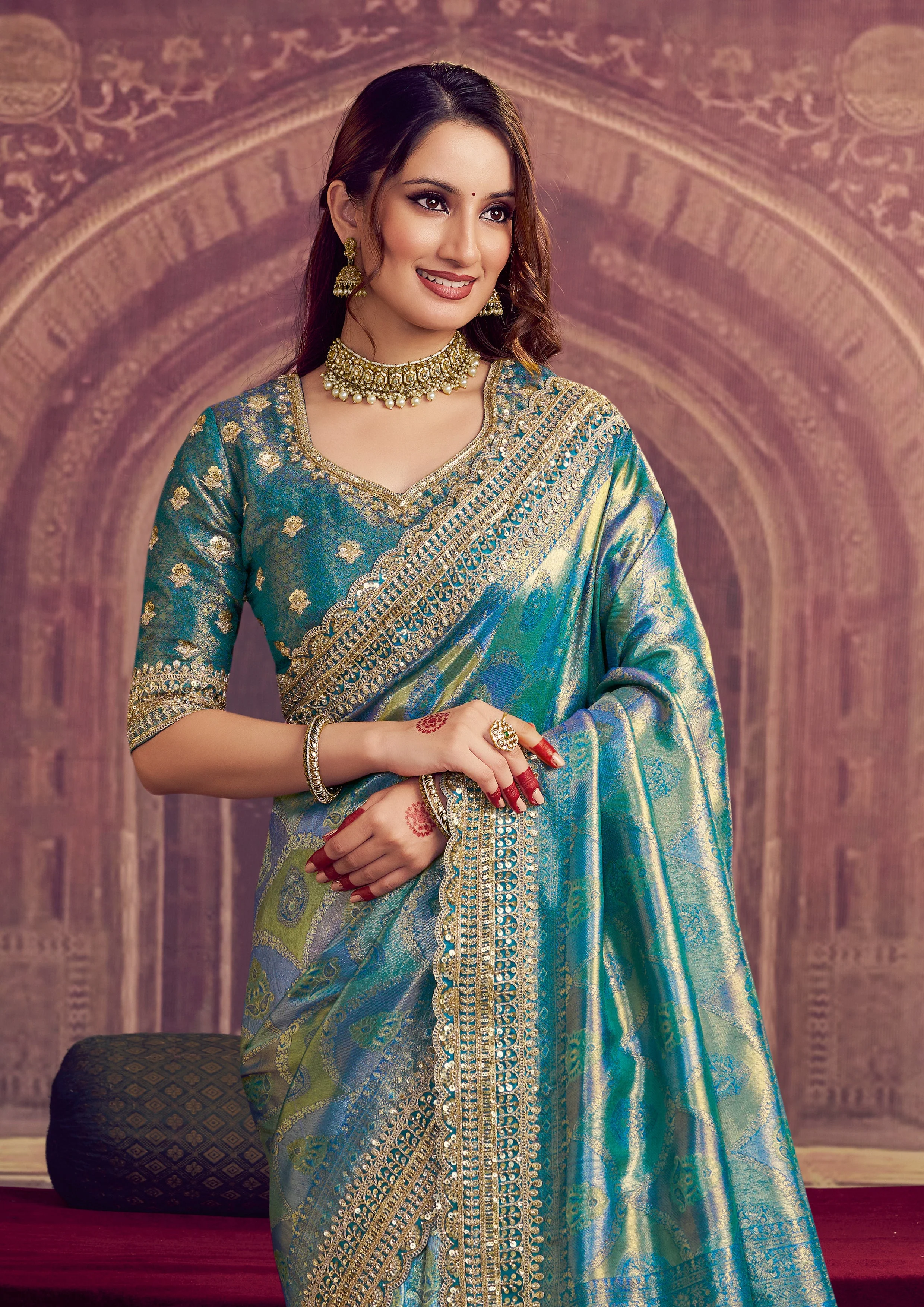 Peacock Blue Embellished Kanjivaram Silk Saree - Image 2