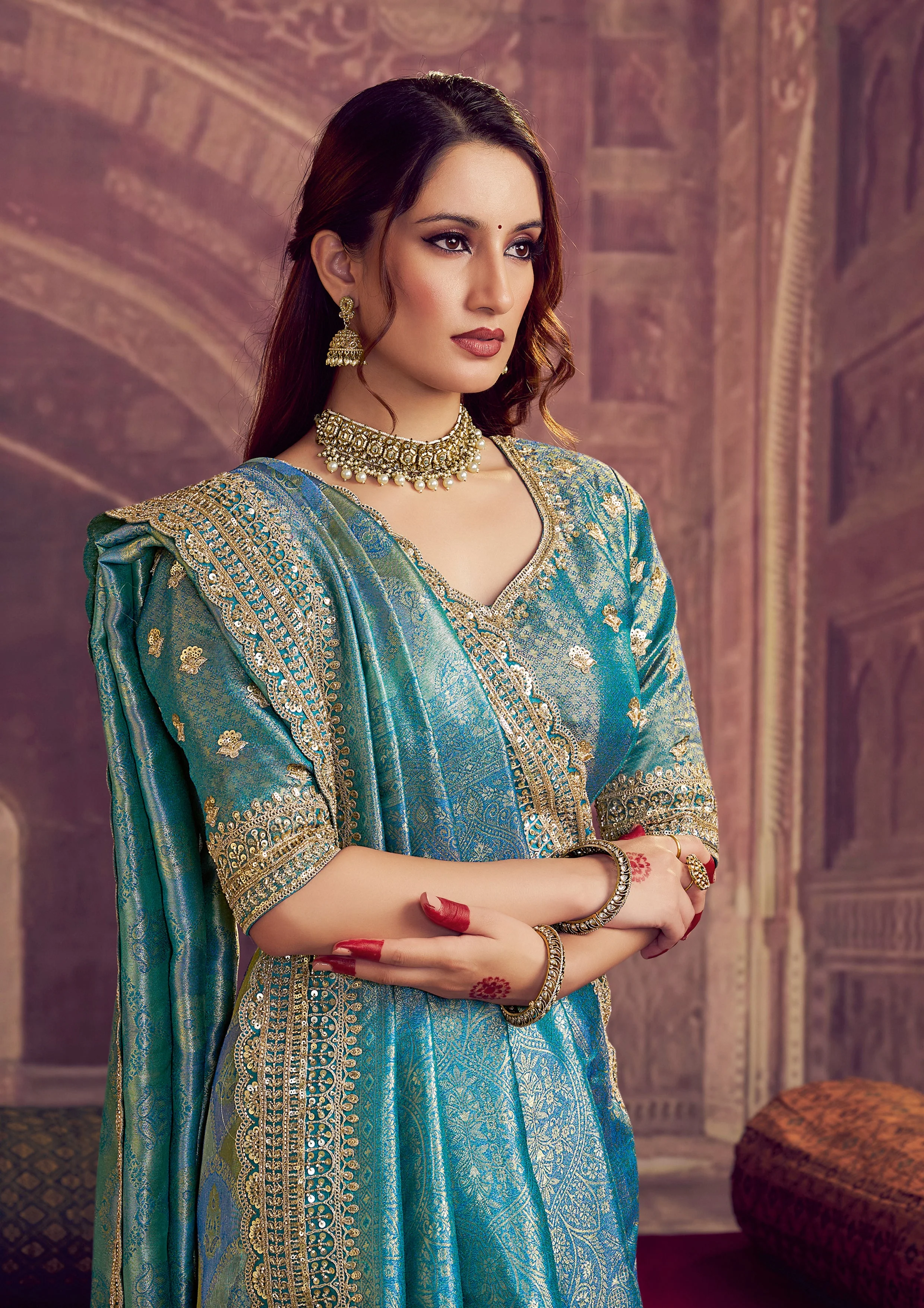 Peacock Blue Embellished Kanjivaram Silk Saree - Image 3