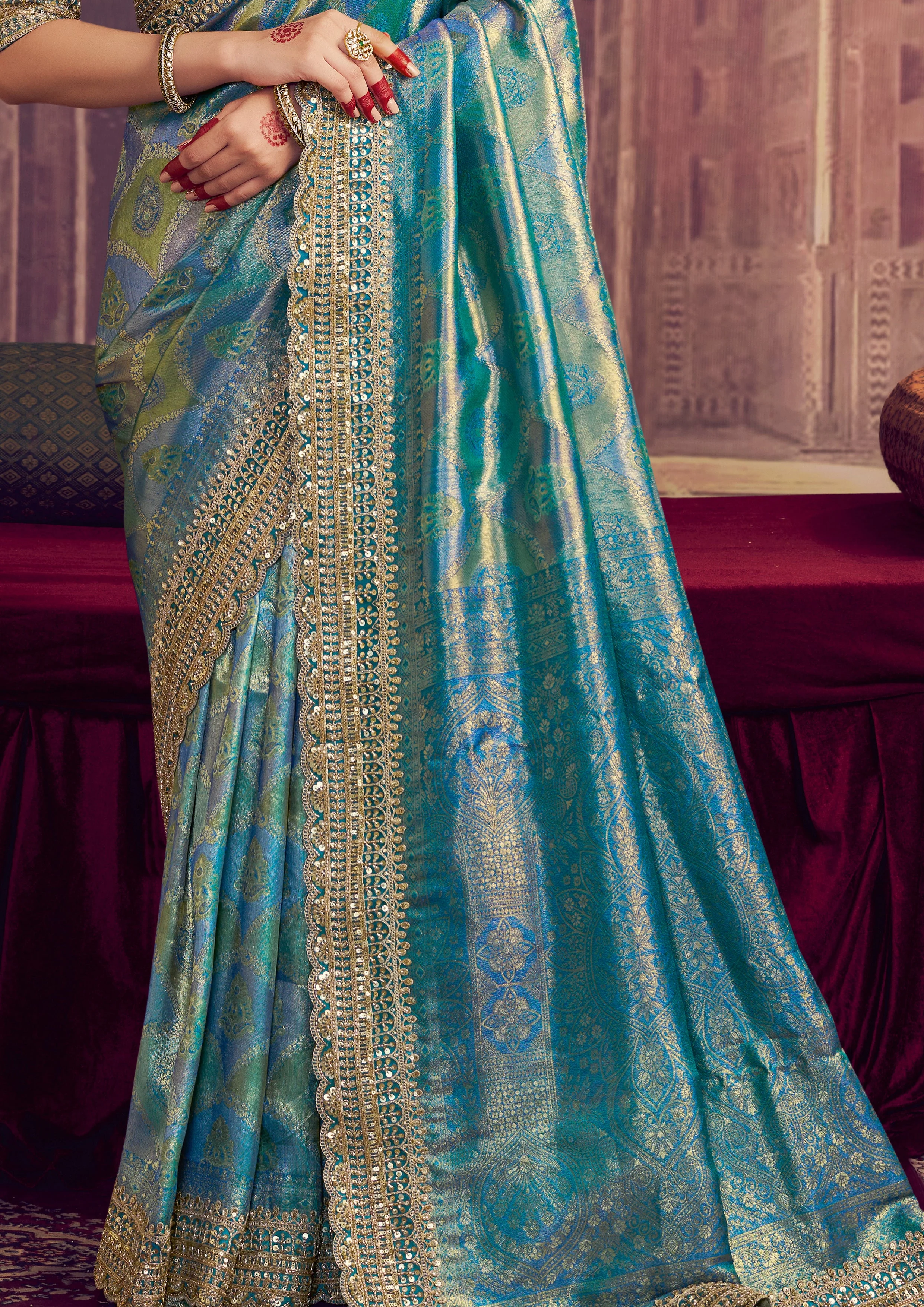 Peacock Blue Embellished Kanjivaram Silk Saree - Image 4