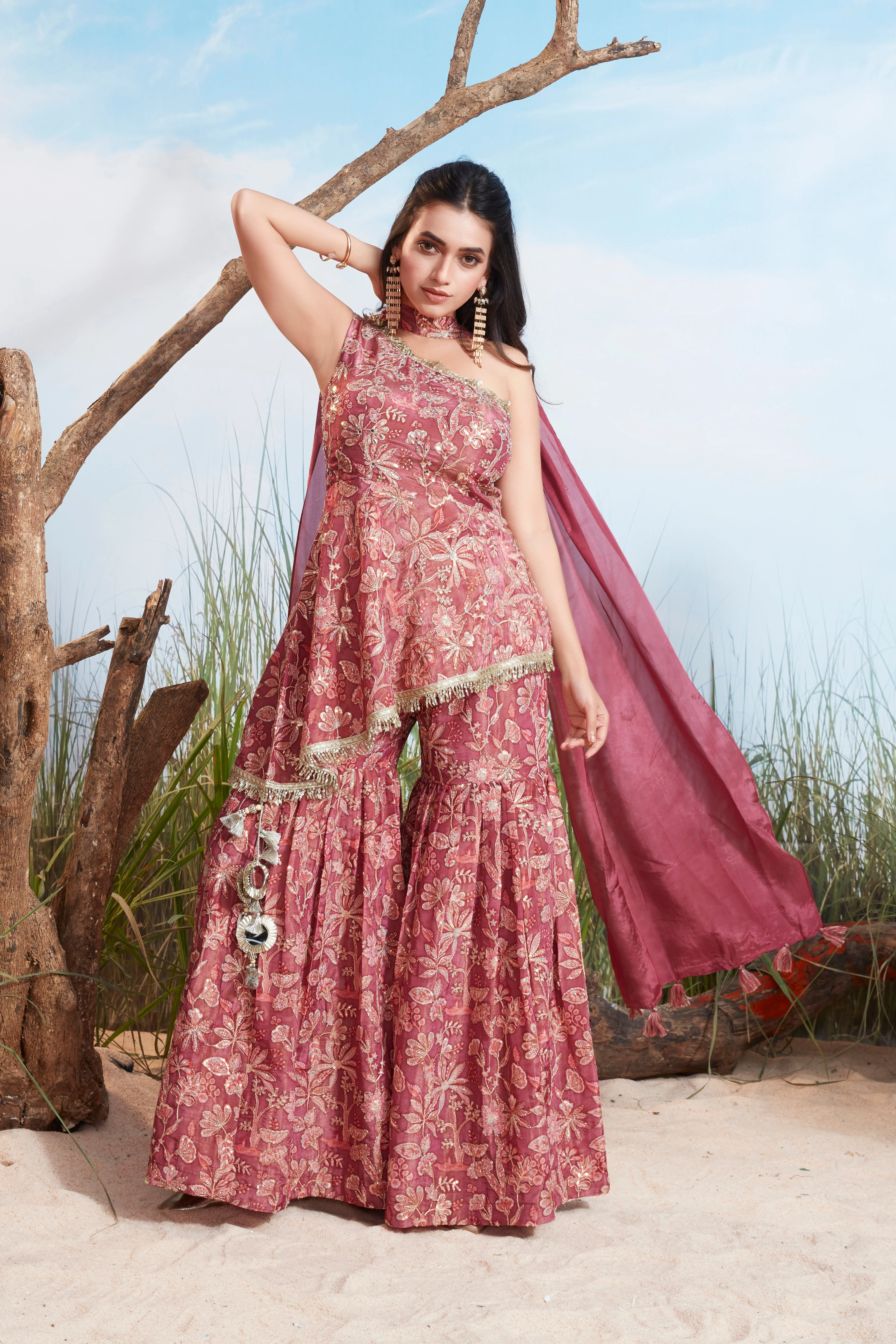 Dusty Rose Embellished Chinon Silk Sharara Set - Image 2