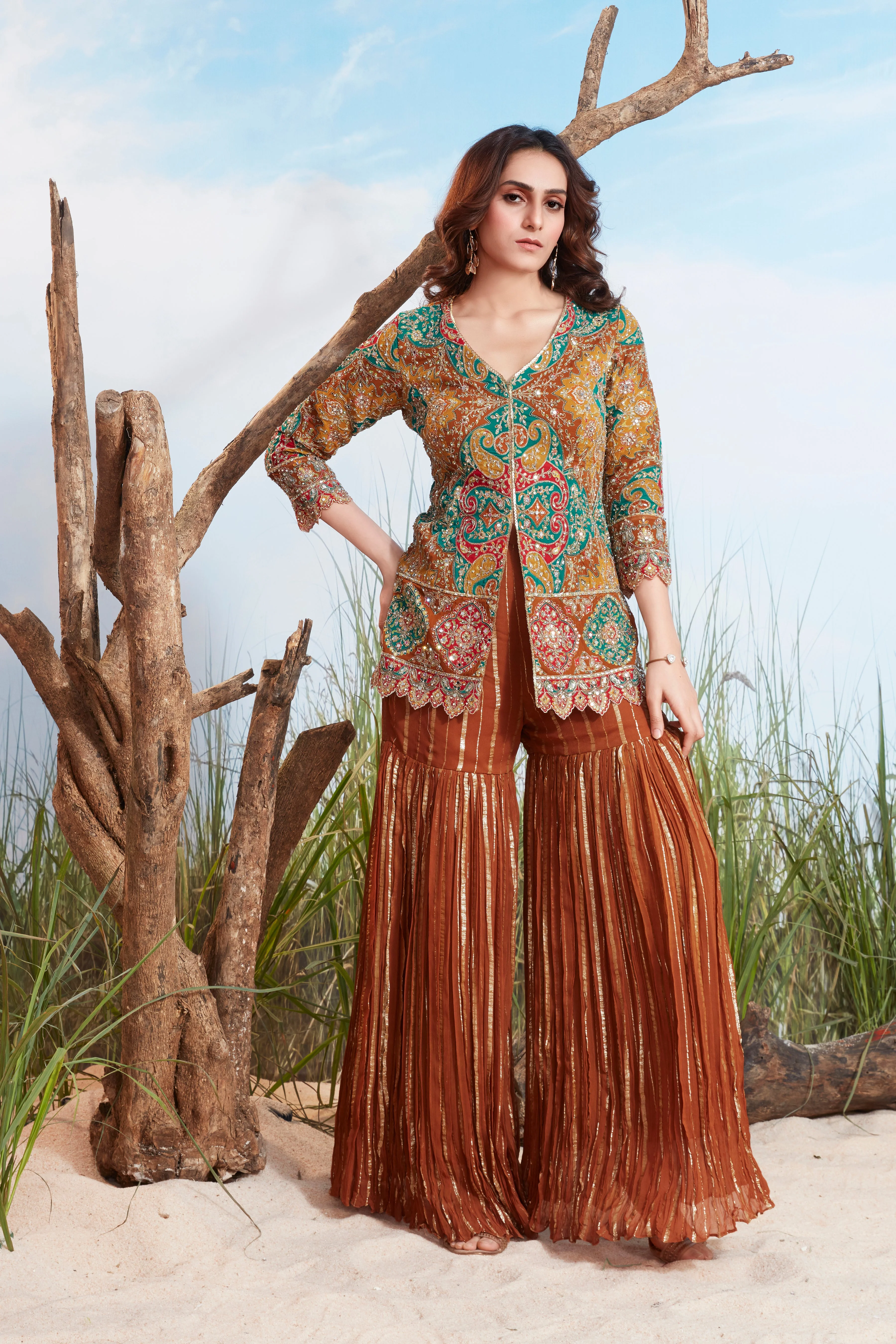 Bronze Orange Embellished Georgette Silk Sharara Set - Image 2