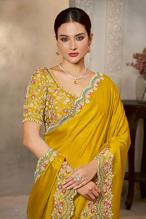 Soft Yellow Embellished Satin Silk Saree - Image 2