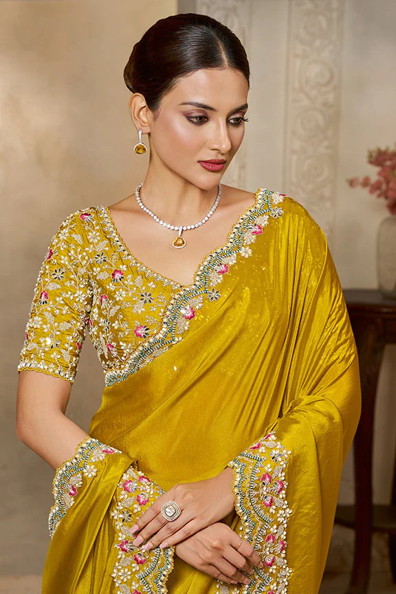 Soft Yellow Embellished Satin Silk Saree - Image 3
