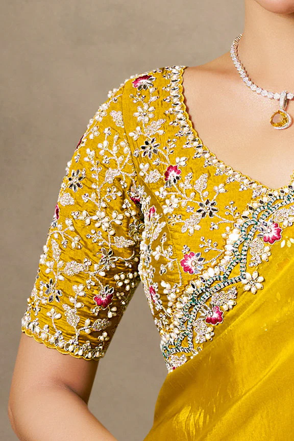 Soft Yellow Embellished Satin Silk Saree - Image 4