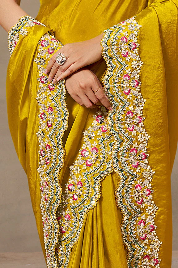 Soft Yellow Embellished Satin Silk Saree - Image 5