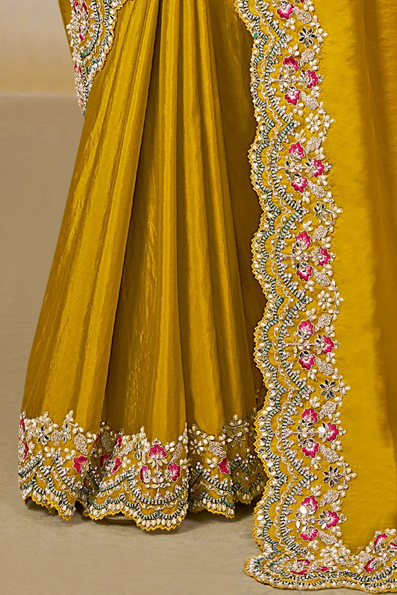Soft Yellow Embellished Satin Silk Saree - Image 6