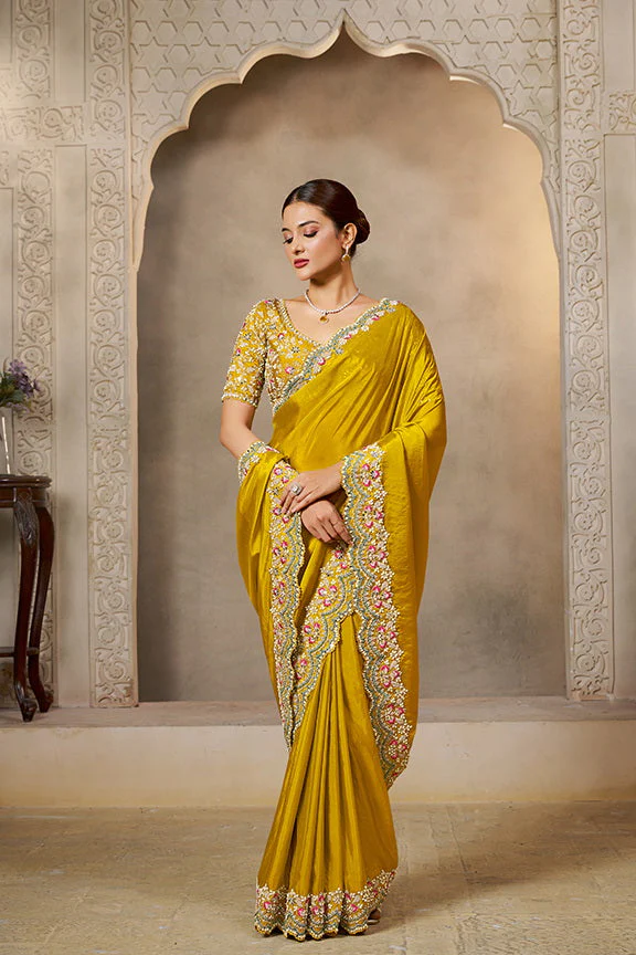Soft Yellow Embellished Satin Silk Saree - Image 7