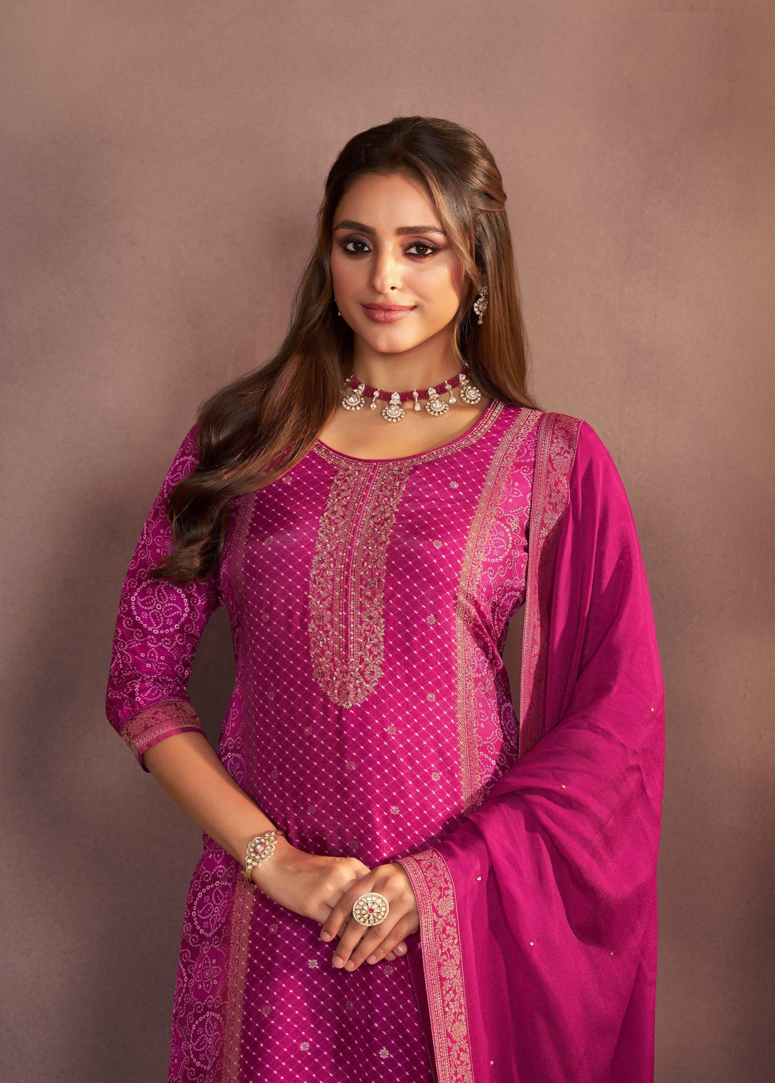 Deep Pink Printed Dola Silk Pant Set - Image 2