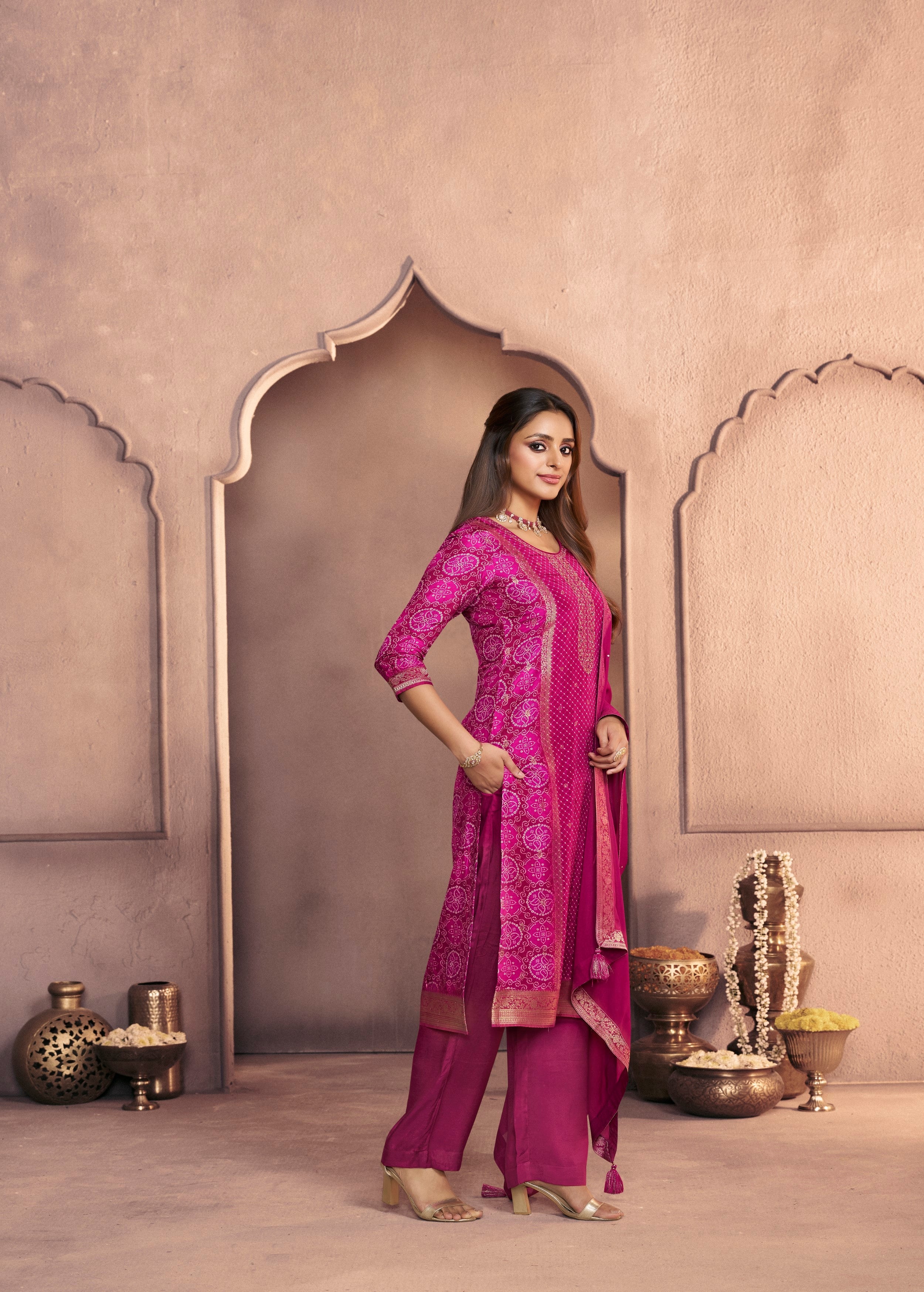 Deep Pink Printed Dola Silk Pant Set - Image 3