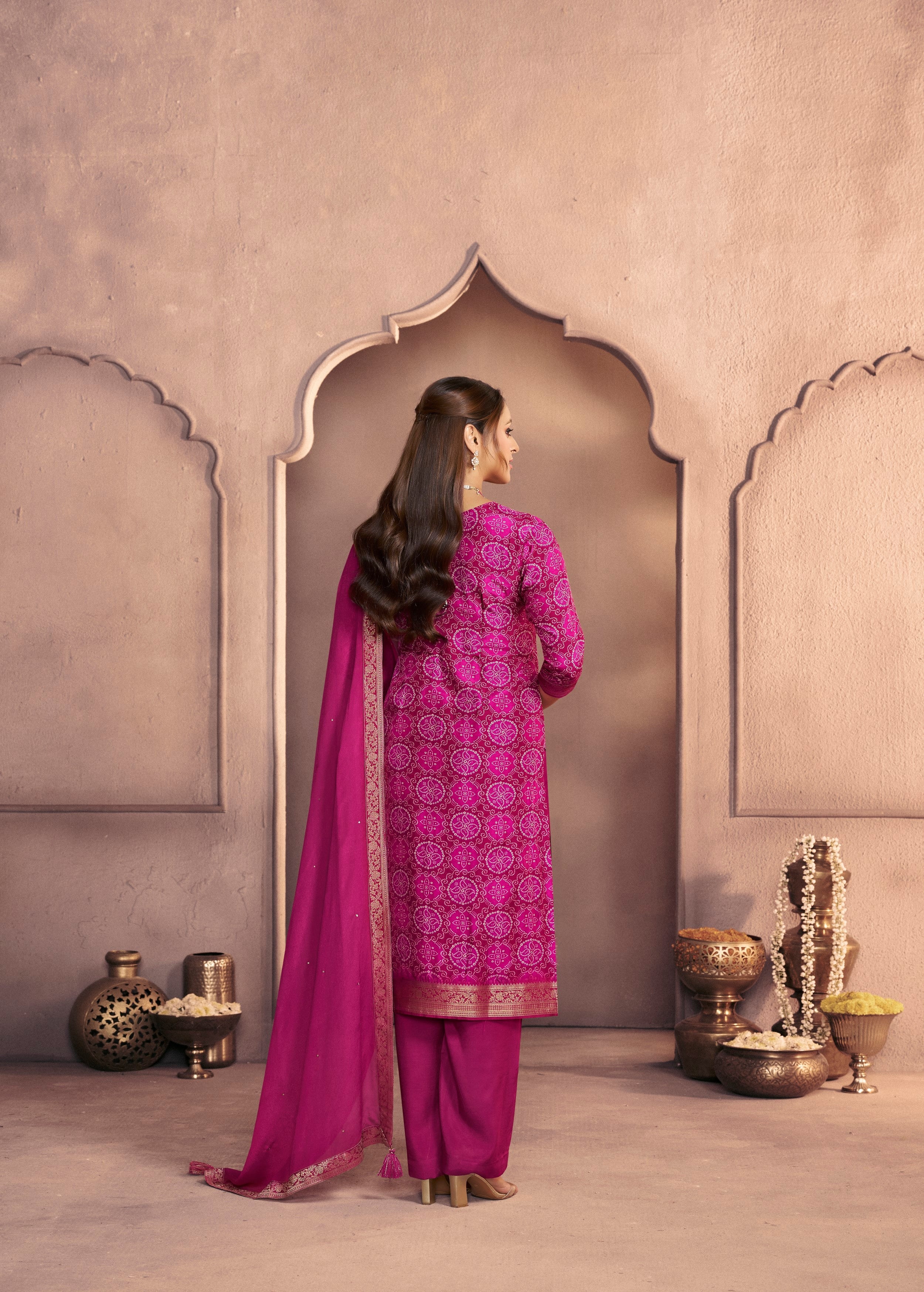 Deep Pink Printed Dola Silk Pant Set - Image 4