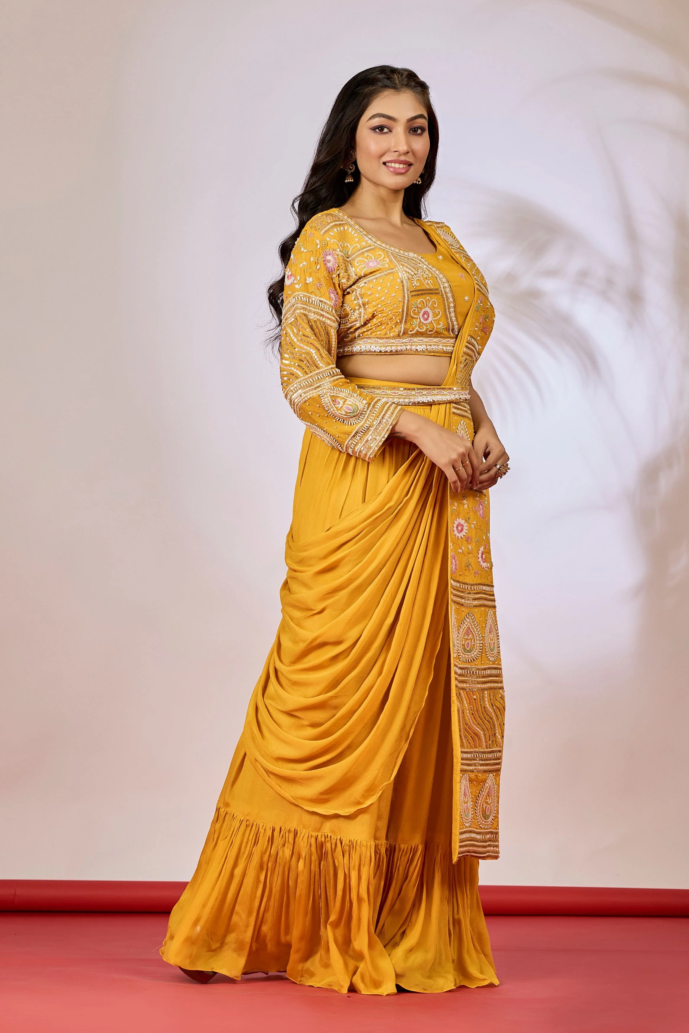 Mustard Yellow Embellished Chinon Silk Drape Saree - Image 3