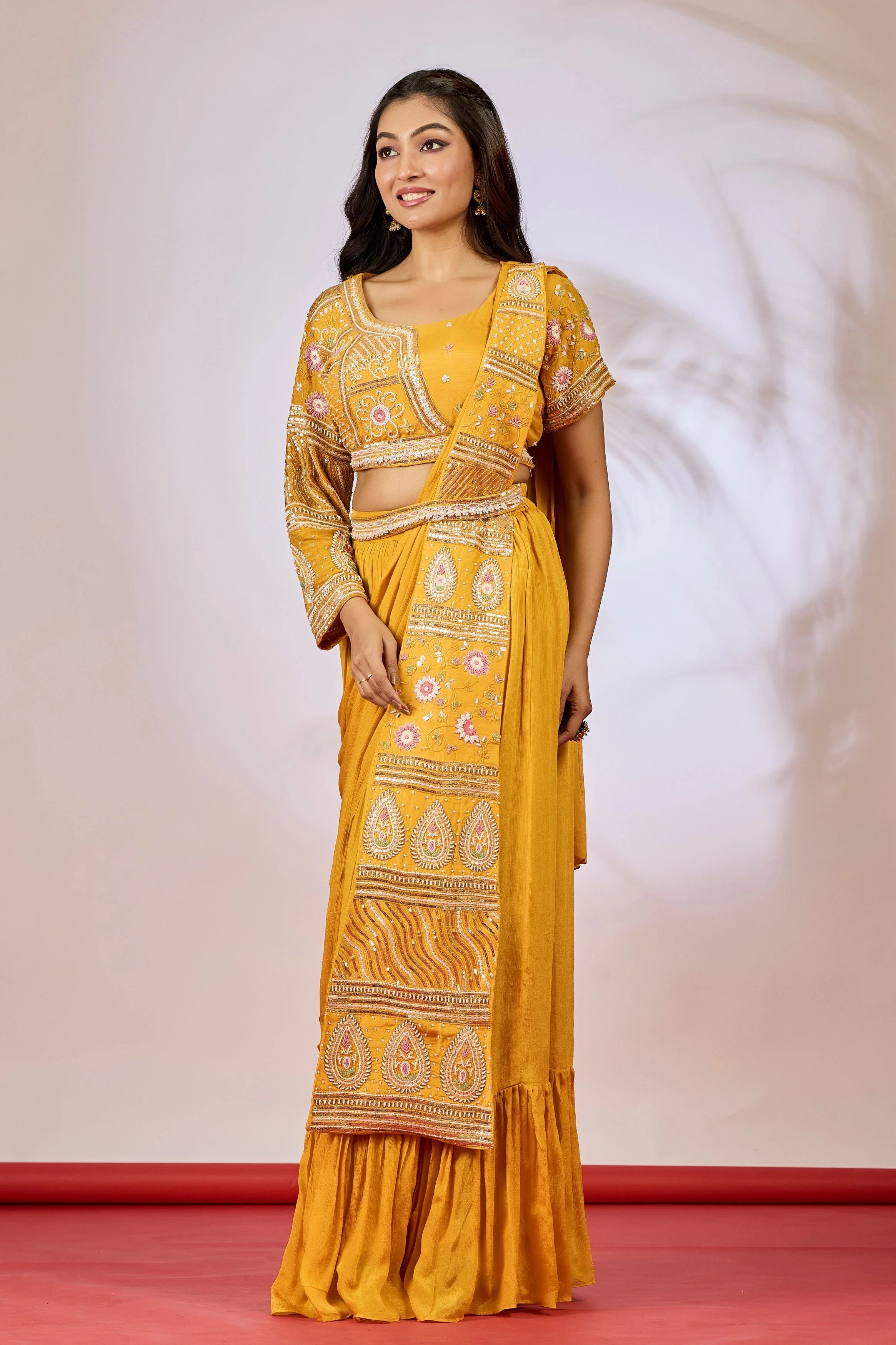 Mustard Yellow Embellished Chinon Silk Drape Saree - Image 4