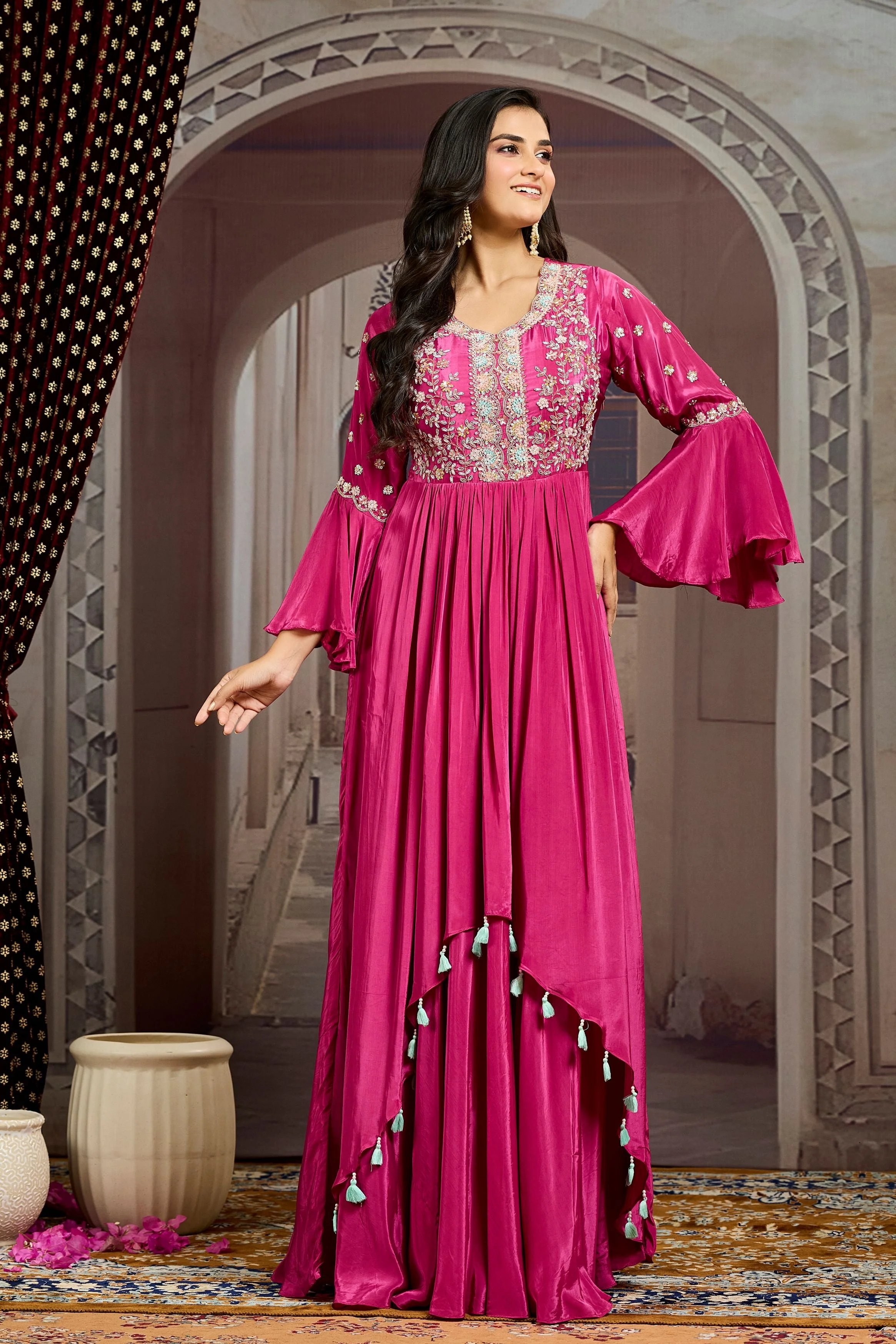 Magenta Embellished Chinon Silk Gown - Image 3