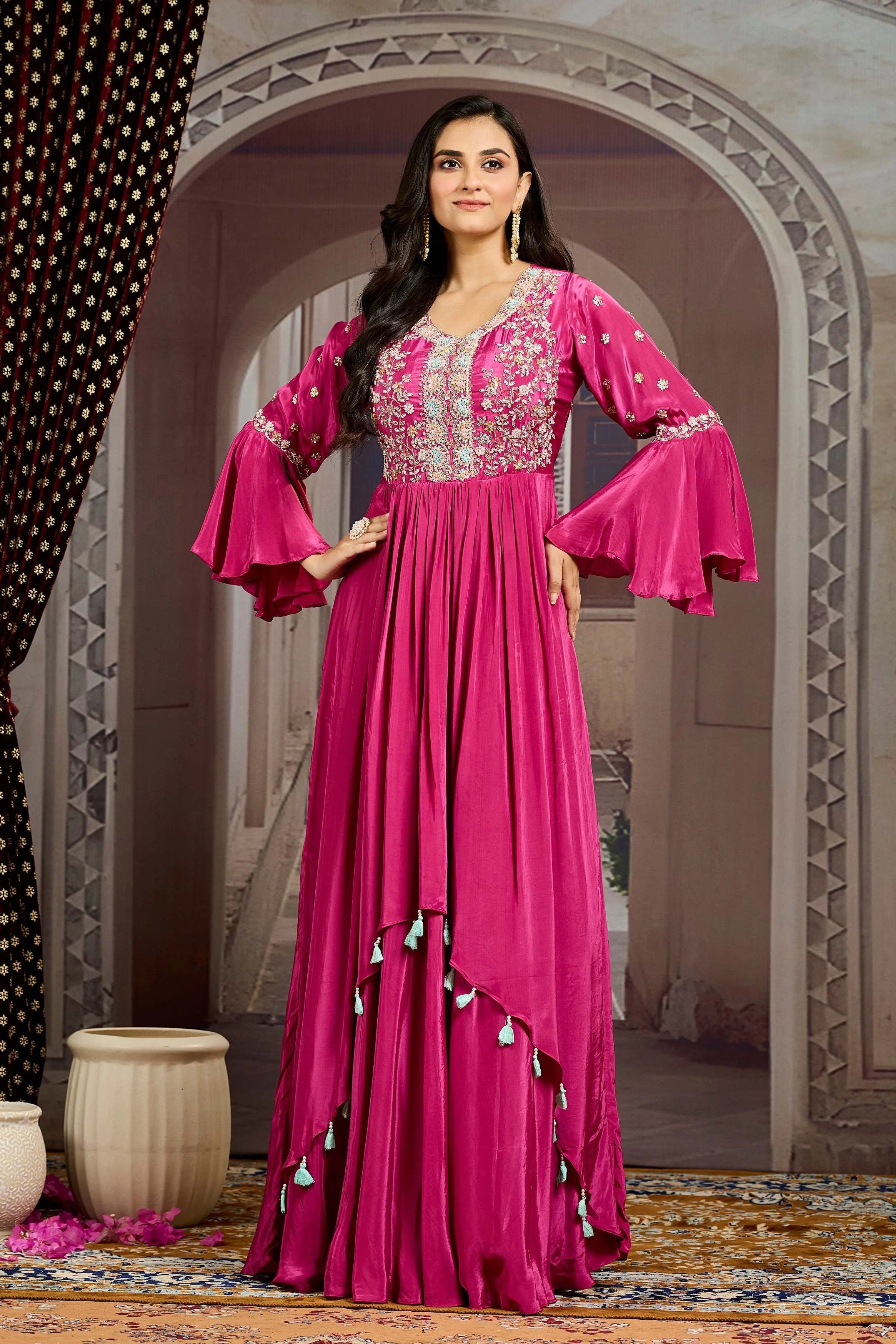 Magenta Embellished Chinon Silk Gown - Image 4