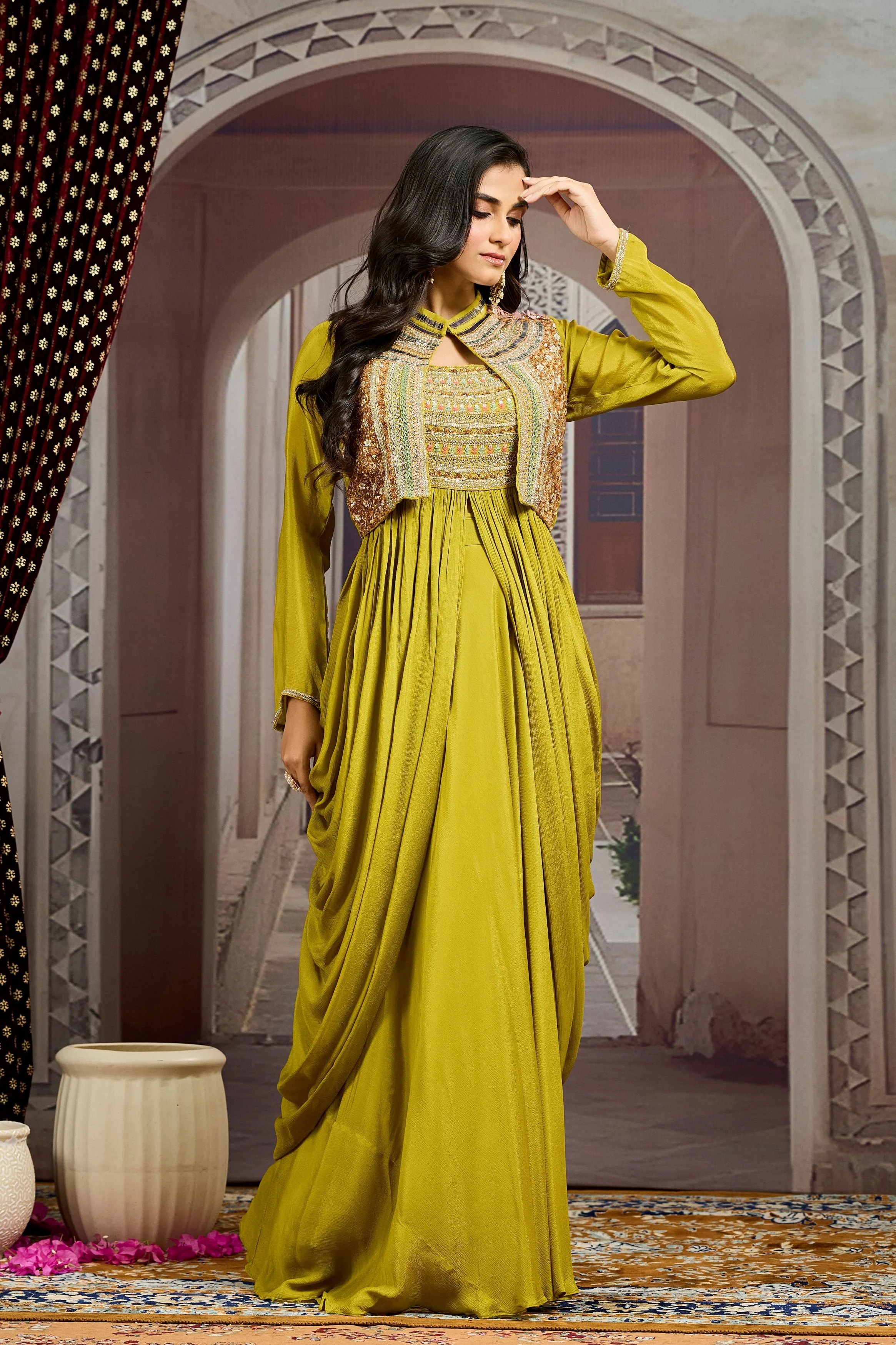 Pear Green Embellished Chinon Silk Jacket Skirt Set - Image 3