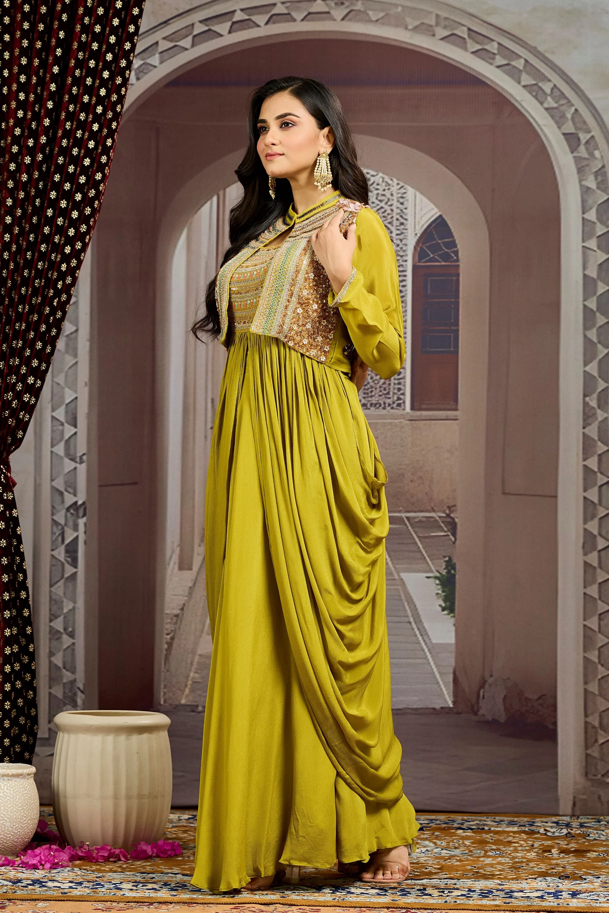 Pear Green Embellished Chinon Silk Jacket Skirt Set - Image 4