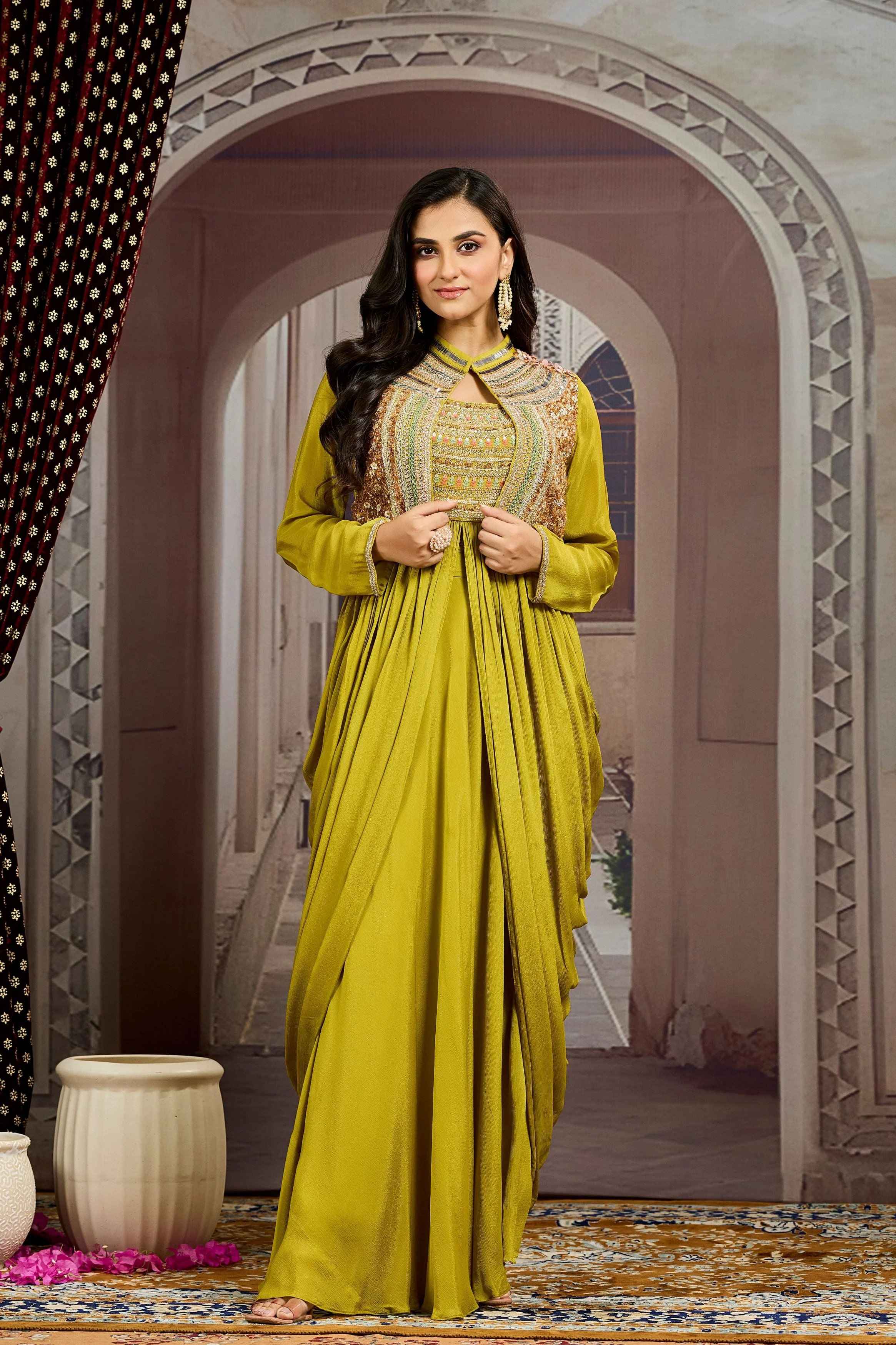 Pear Green Embellished Chinon Silk Jacket Skirt Set - Image 5