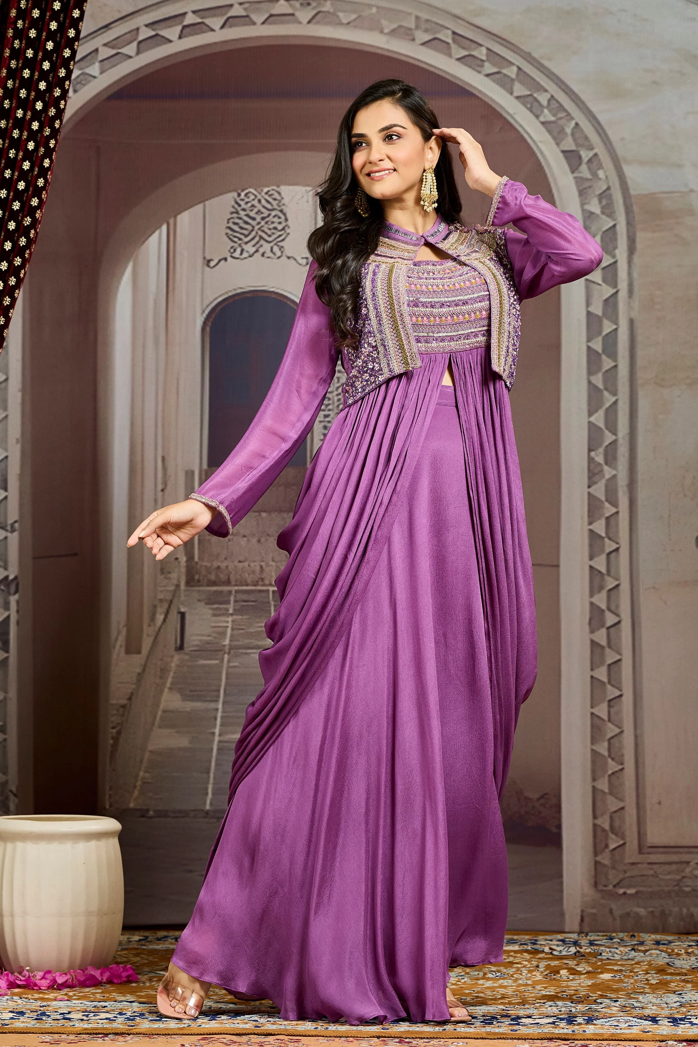 Purple Embellished Chinon Silk Jacket Skirt Set - Image 3