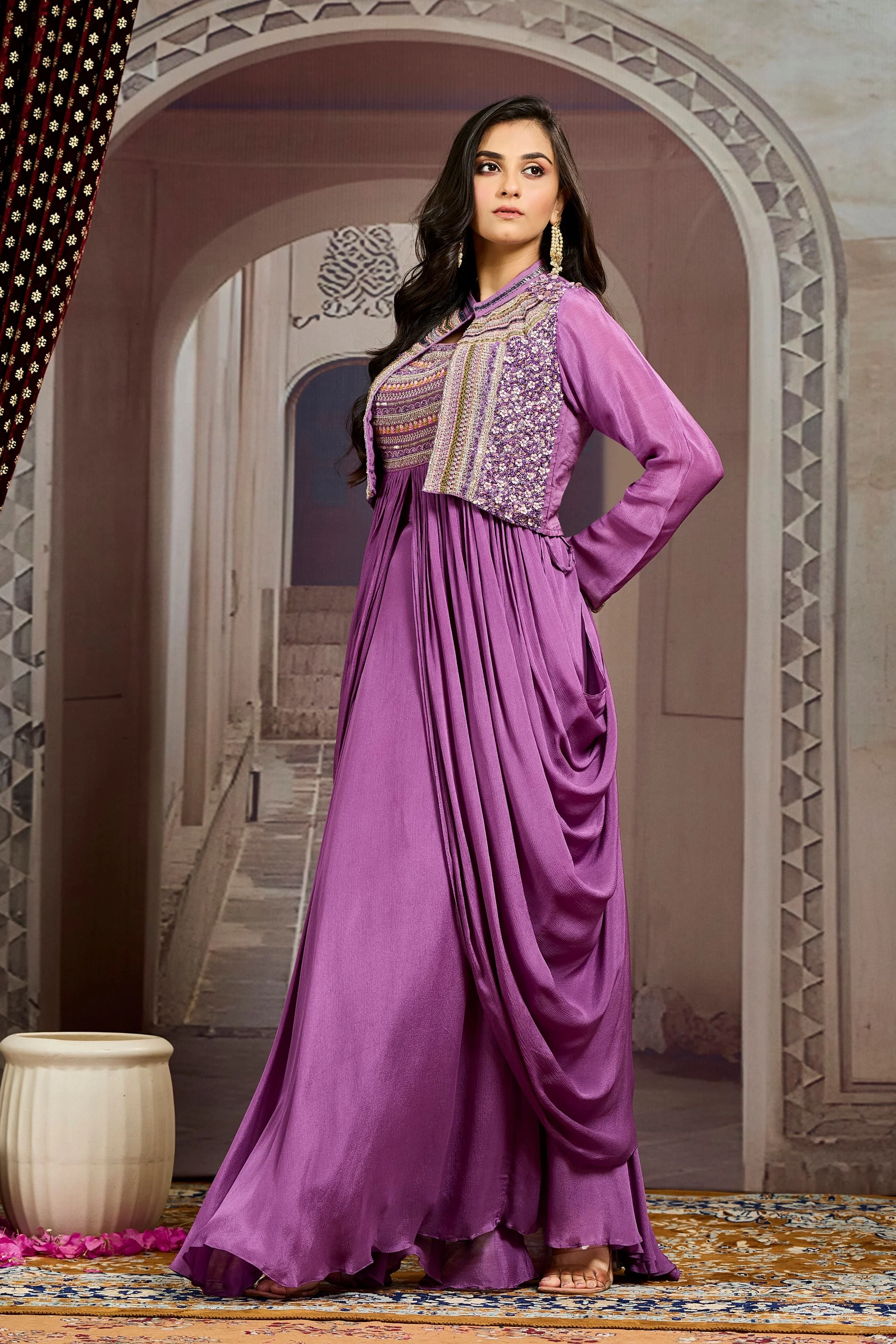 Purple Embellished Chinon Silk Jacket Skirt Set - Image 4