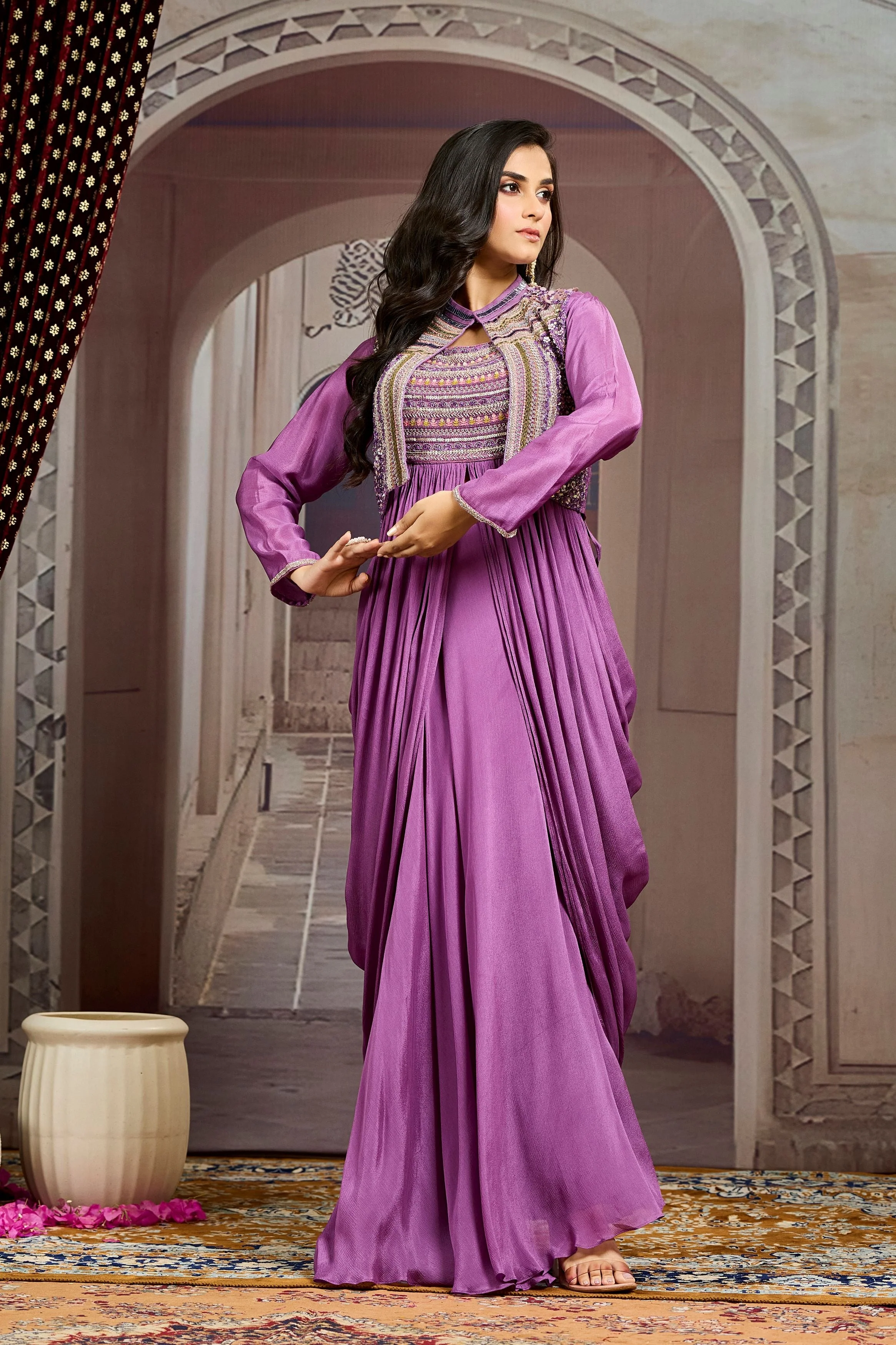 Purple Embellished Chinon Silk Jacket Skirt Set - Image 5