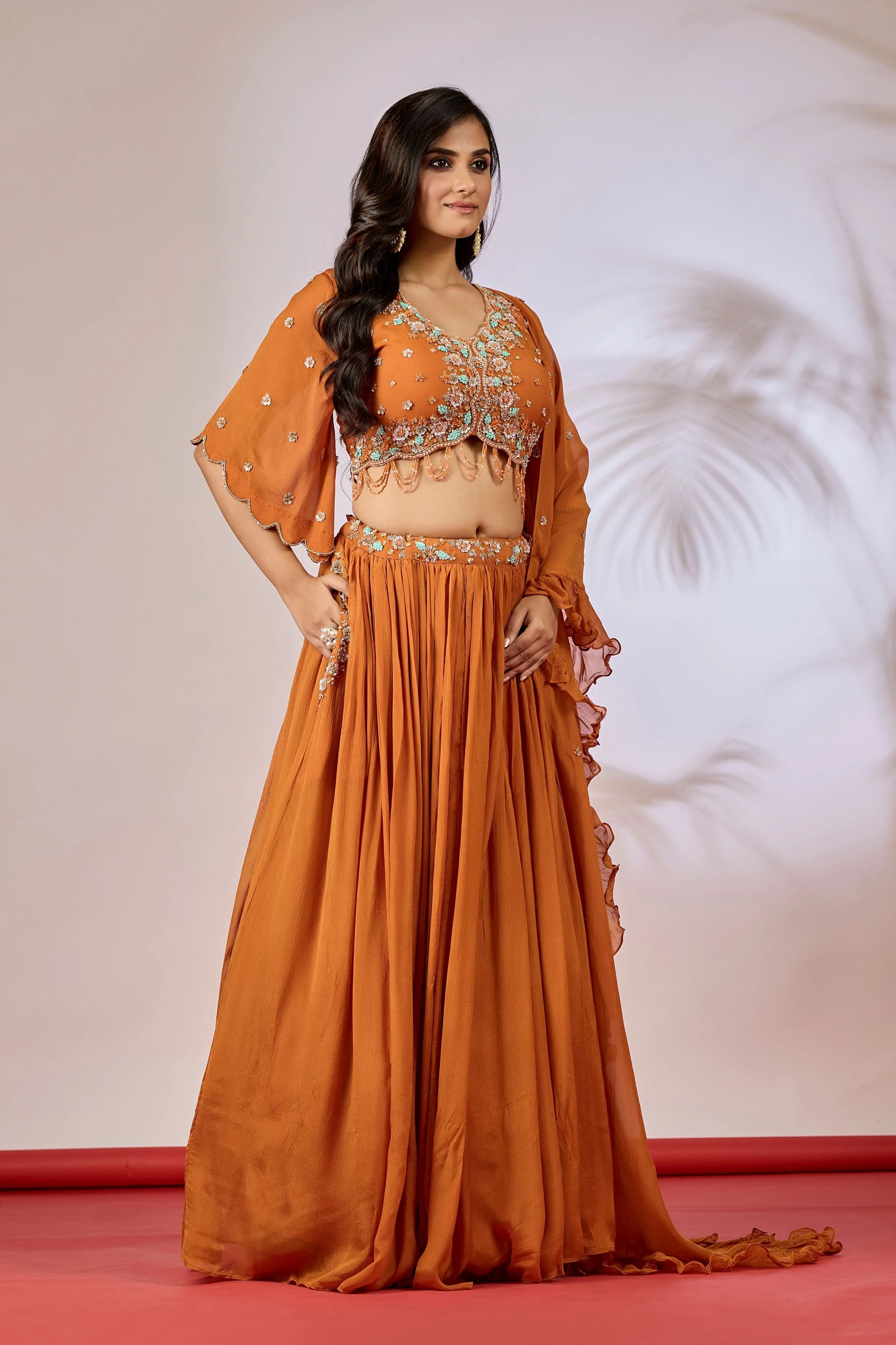 Deep Orange Embellished Chinon Silk Lehenga Set - Image 3