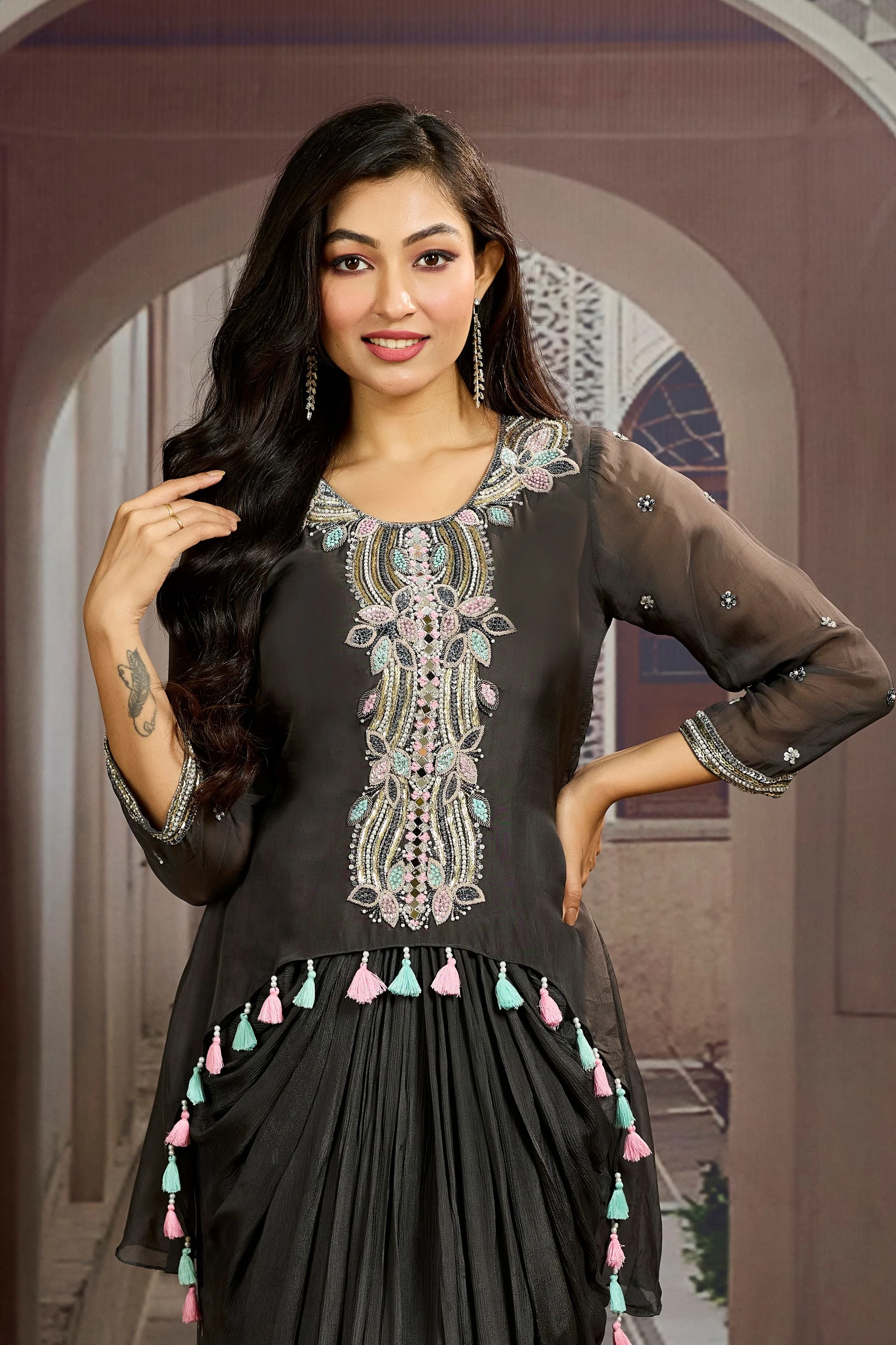 Grey Embellished Chinon Silk Tunic Dress - Image 2