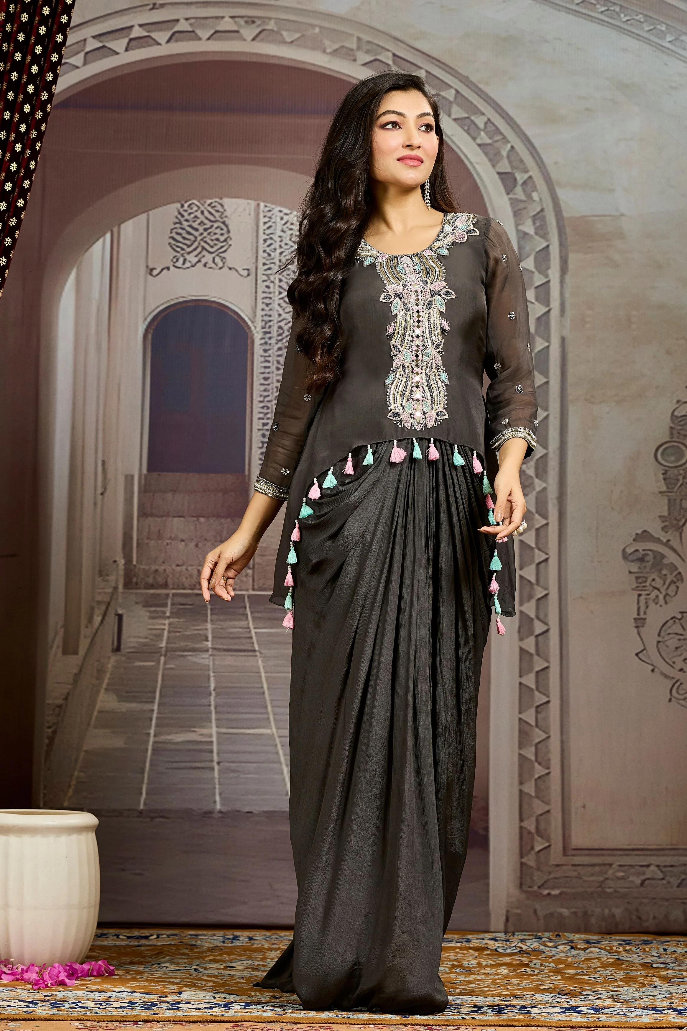 Grey Embellished Chinon Silk Tunic Dress - Image 3