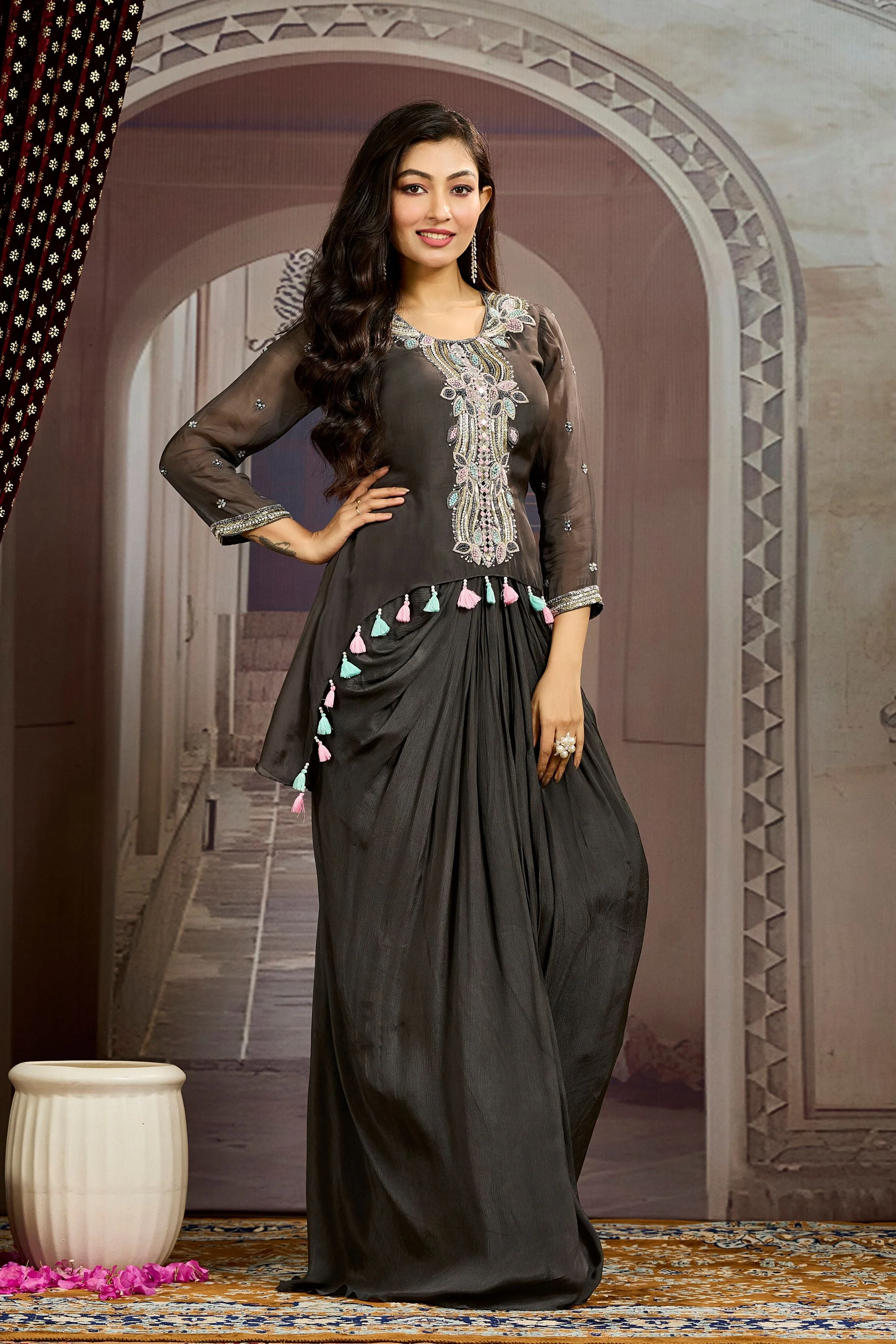 Grey Embellished Chinon Silk Tunic Dress - Image 4