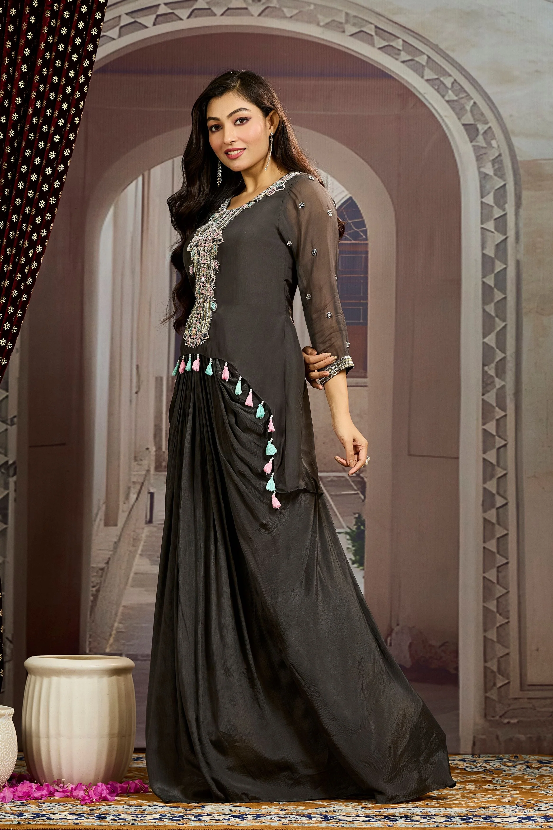Grey Embellished Chinon Silk Tunic Dress - Image 5