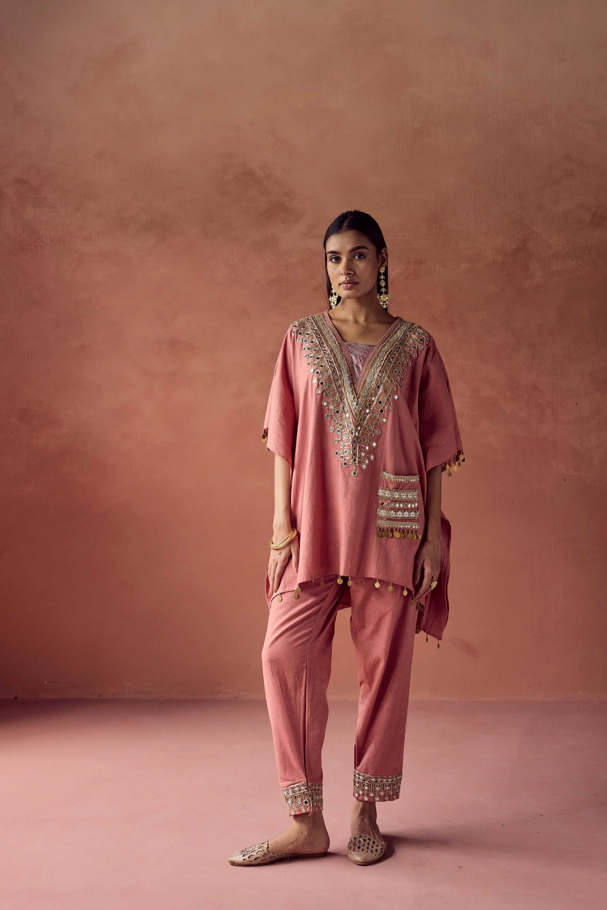 Soft Peach Embellished Organic Cotton Kaftan Set - Image 3