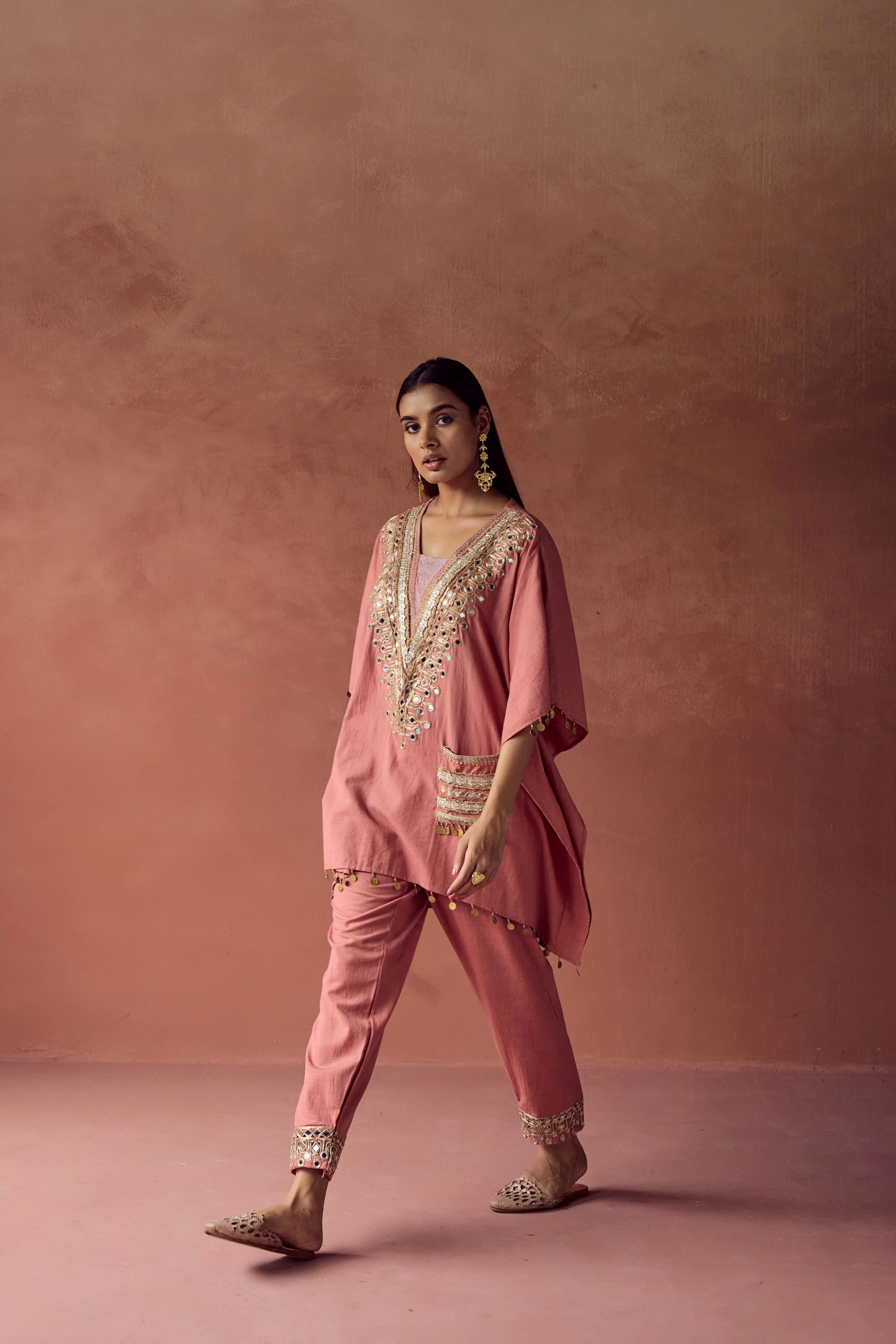 Soft Peach Embellished Organic Cotton Kaftan Set - Image 4