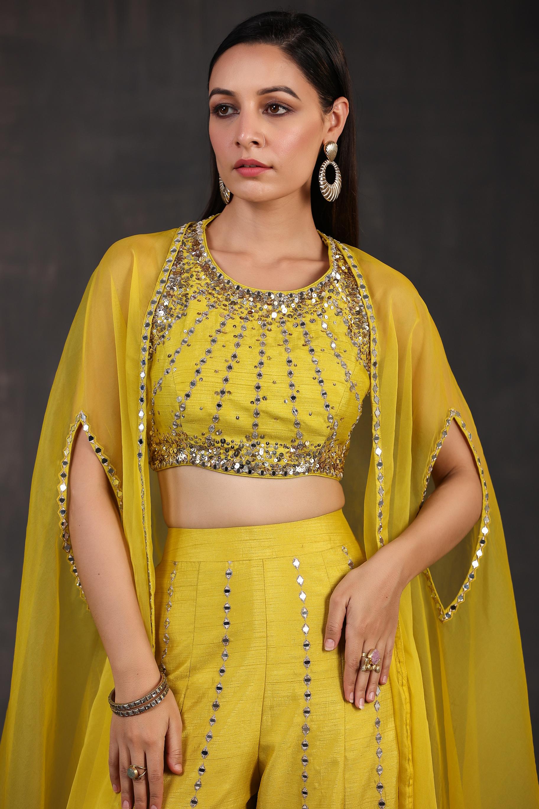 Corn Yellow Embellished Premium Organza Silk Cape Set - Image 2