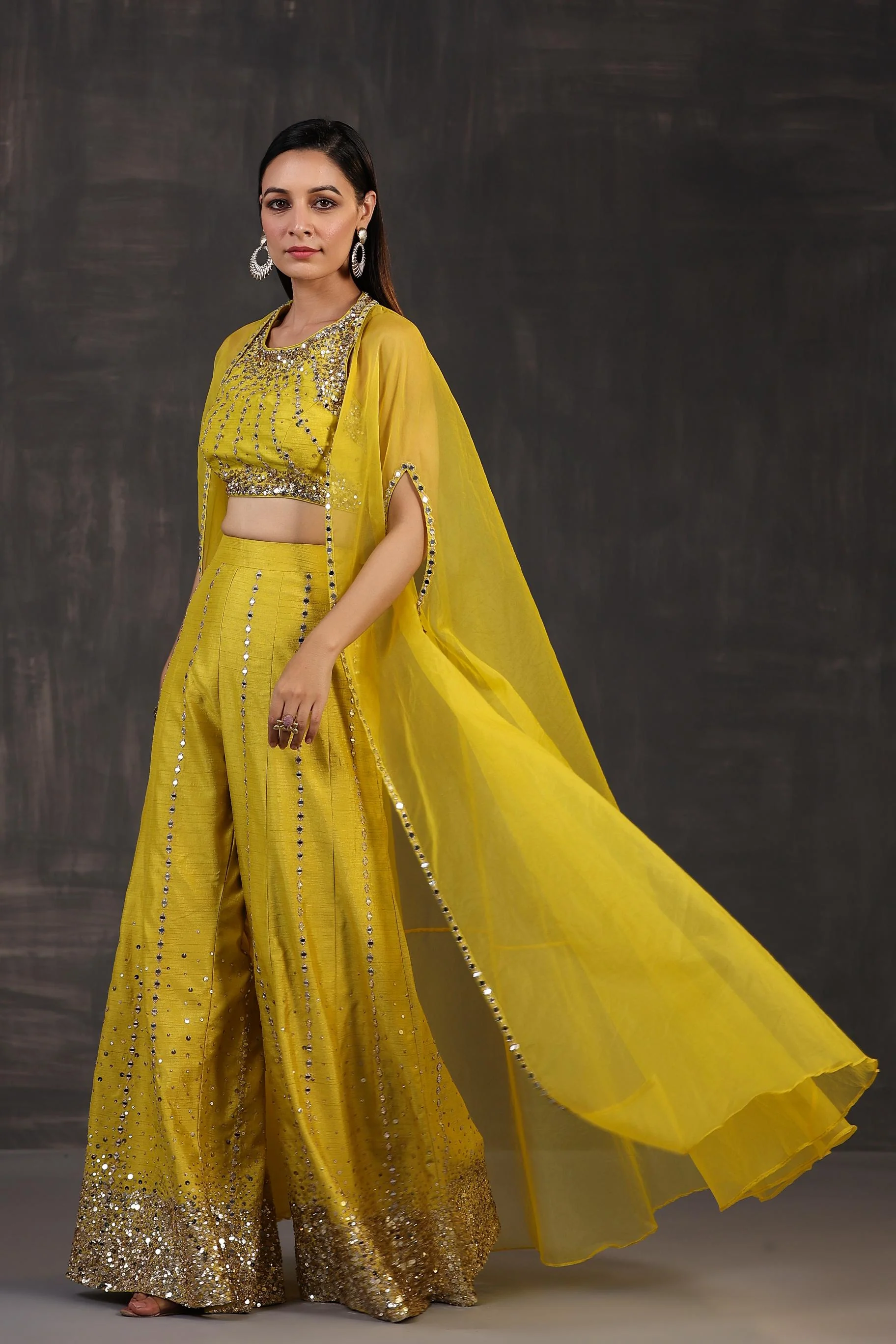 Corn Yellow Embellished Premium Organza Silk Cape Set - Image 3